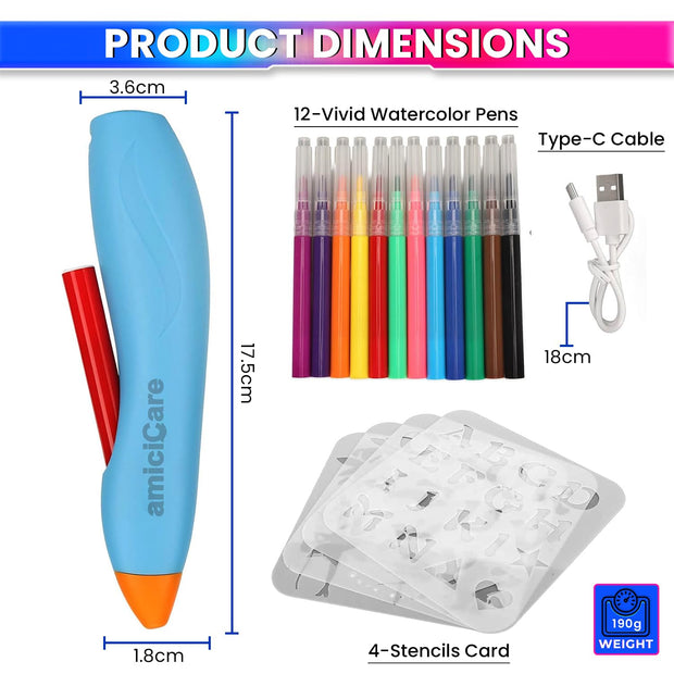 amiciCare Rechargeable Graffiti Spray Pen Set, 12 Color Pens & 4 Stencils, Non-Toxic, For Kids & Adults, Cordless Airbrush Sprayer for Art & Craft