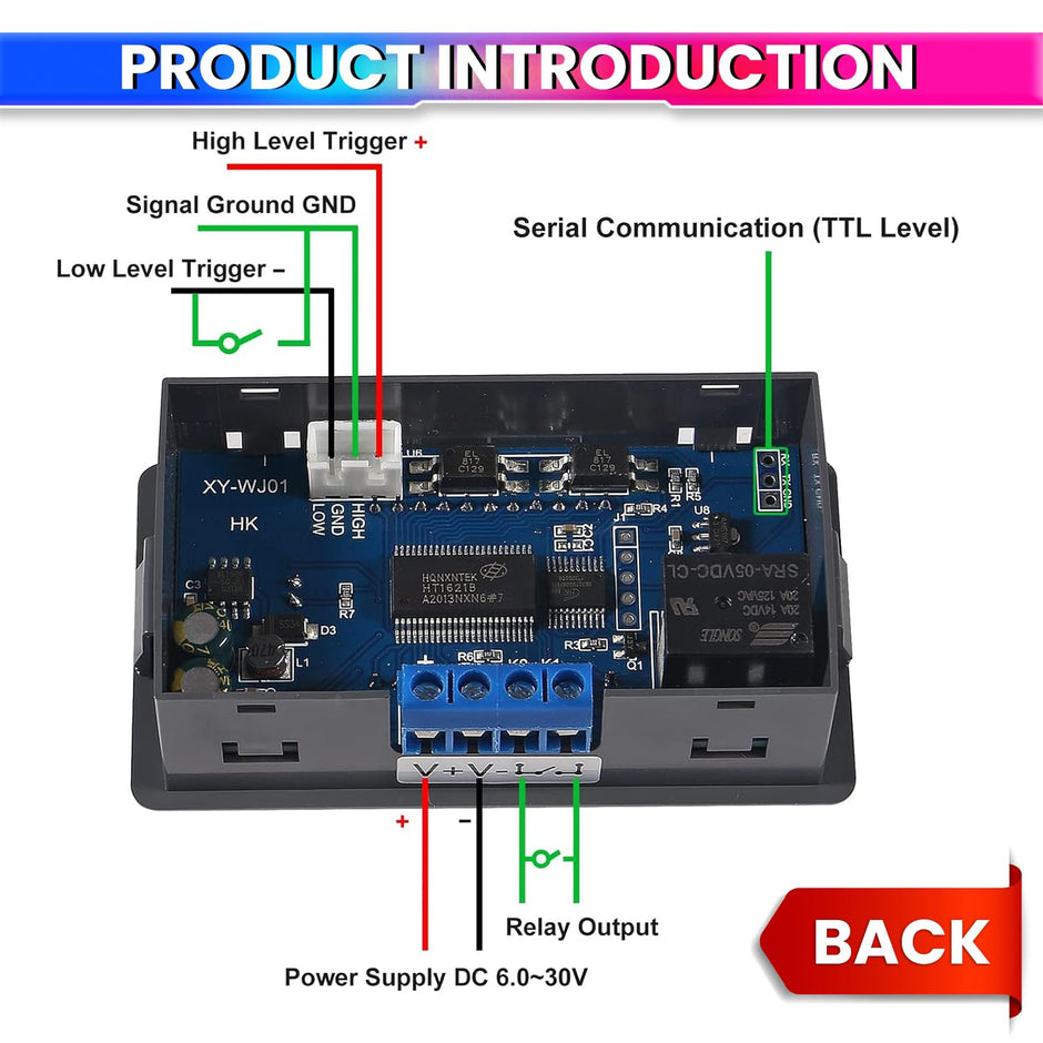 amiciSmart Programmable Timer Delay Relay Module with LCD Display, Adjustable 0.01s~9999 Timing, Trigger Delay Control with UART Data Upload (6-30VDC)