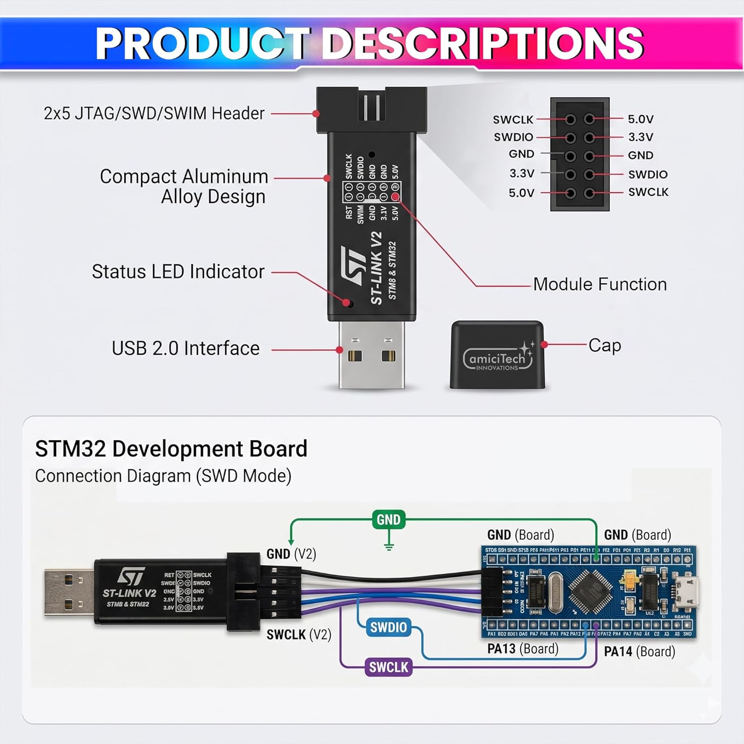 ST-Link V2 Mini STM8/STM32 Programmer & Debugger with SWD/SWIM for STM32 Development