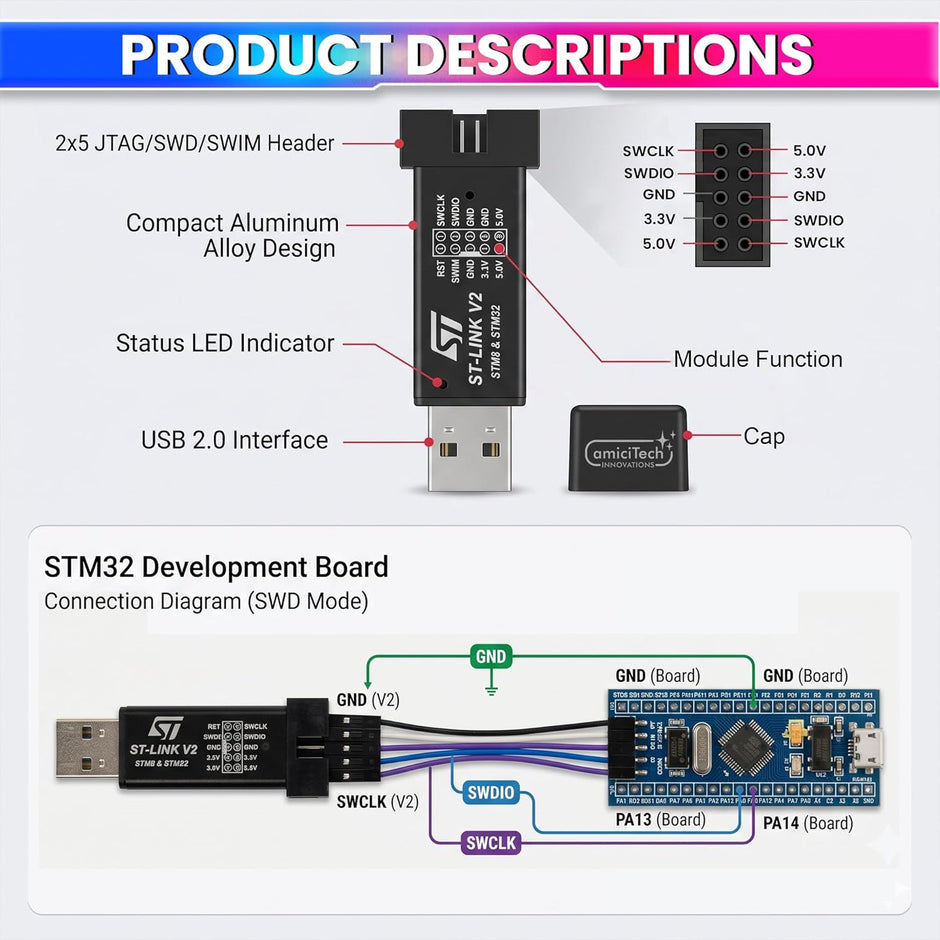 ST-Link V2 Mini STM8/STM32 Programmer & Debugger with SWD/SWIM for STM32 Development