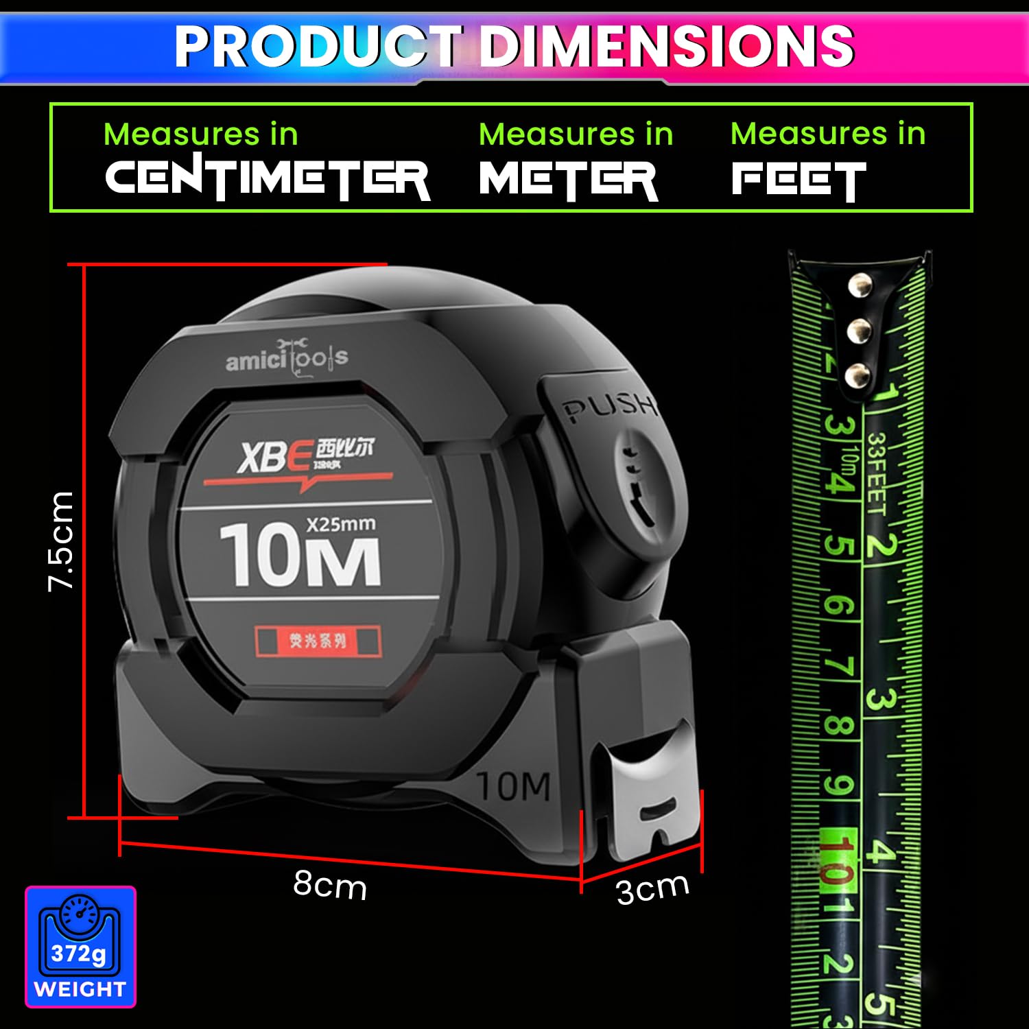 10m Dual-Unit Measuring Tape in cm & Feet with Auto-Lock & Smooth Retraction Heavy Duty ABS Case with Belt Clip amiciKart c0tmiz-hs.myshopify.com