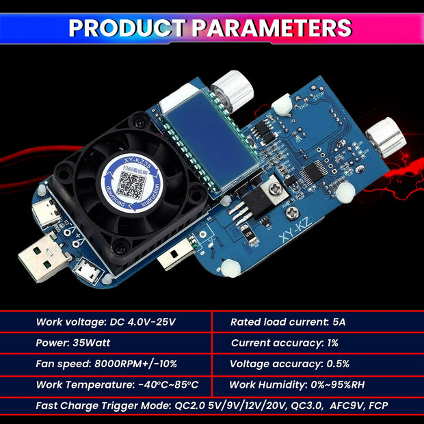 35W USB Load Tester – Adjustable Current, QC2.0/QC3.0 Trigger, Battery Capacity Meter