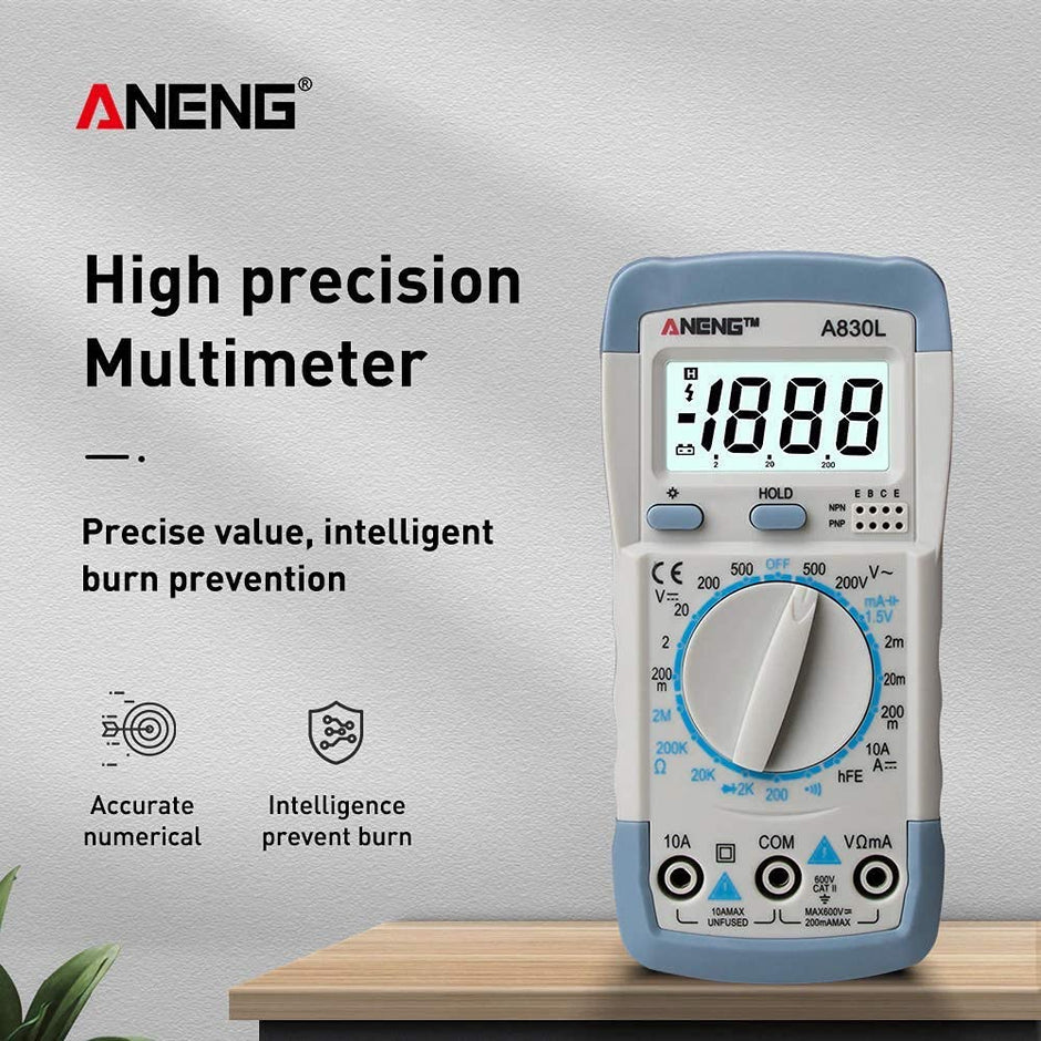 830L Digital Multimeter, 1999 Count AC/DC Voltage, Current, Resistance, Diode, hFE Test with 9V Battery