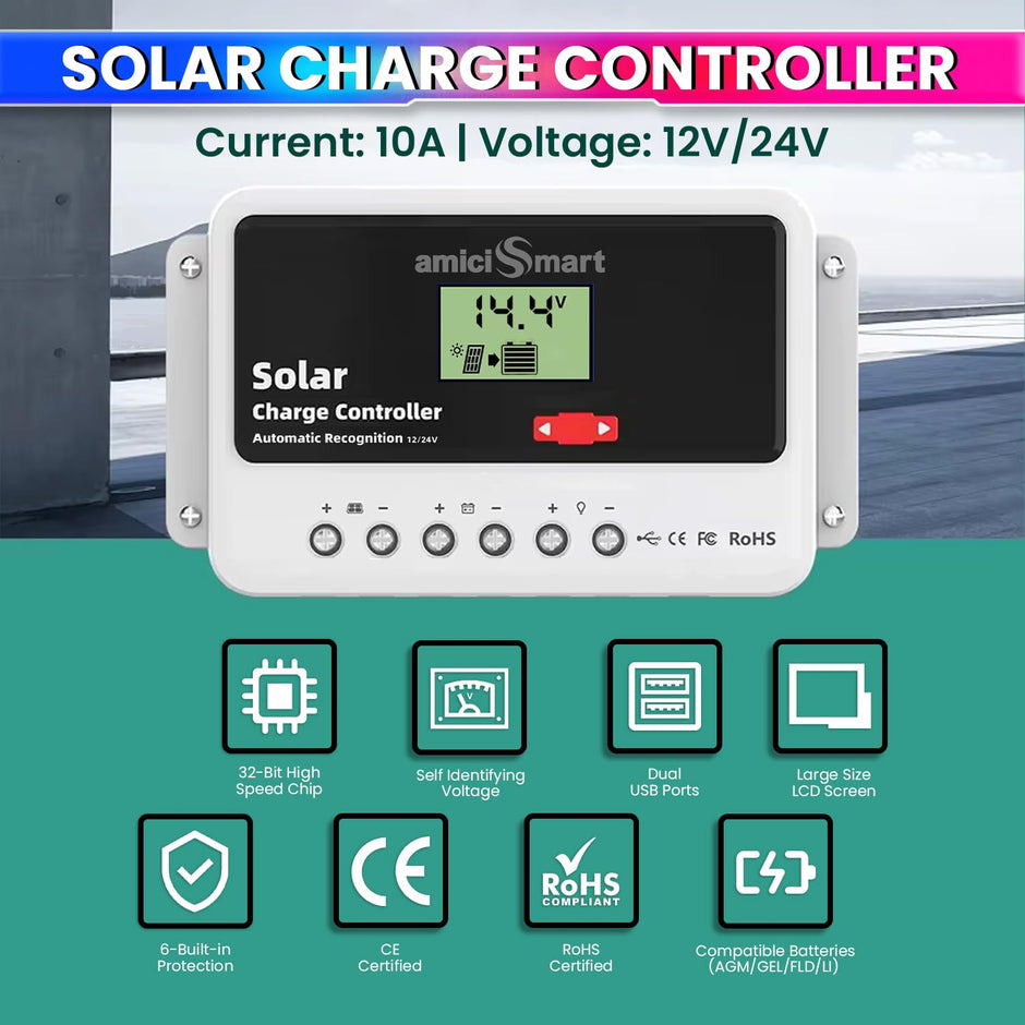 10A Solar Charge Controller Intelligent Battery Regulator for Lead Acid & Lithium Battery with 3A USB Port