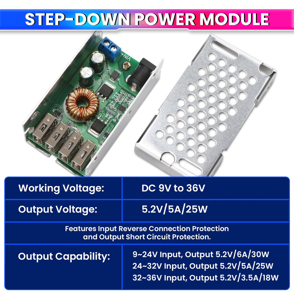 9~36V DC Buck Converter, Step-Down Module with 4 USB Ports, Max Output Power 5A/5.2V/25W