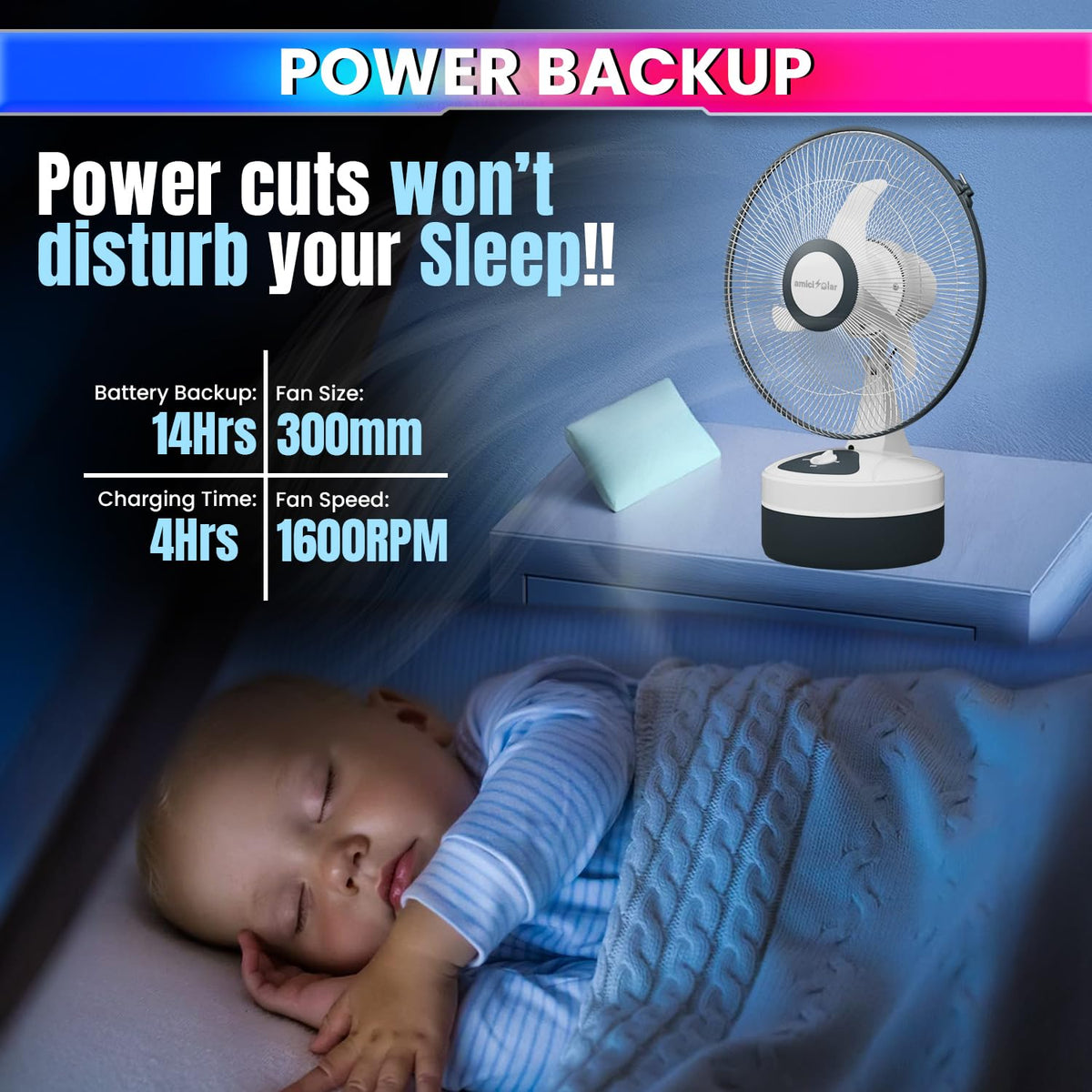 Backup Fan Rechargeable Portable Table Fan – 14Hr Battery, Silent | amiciKart