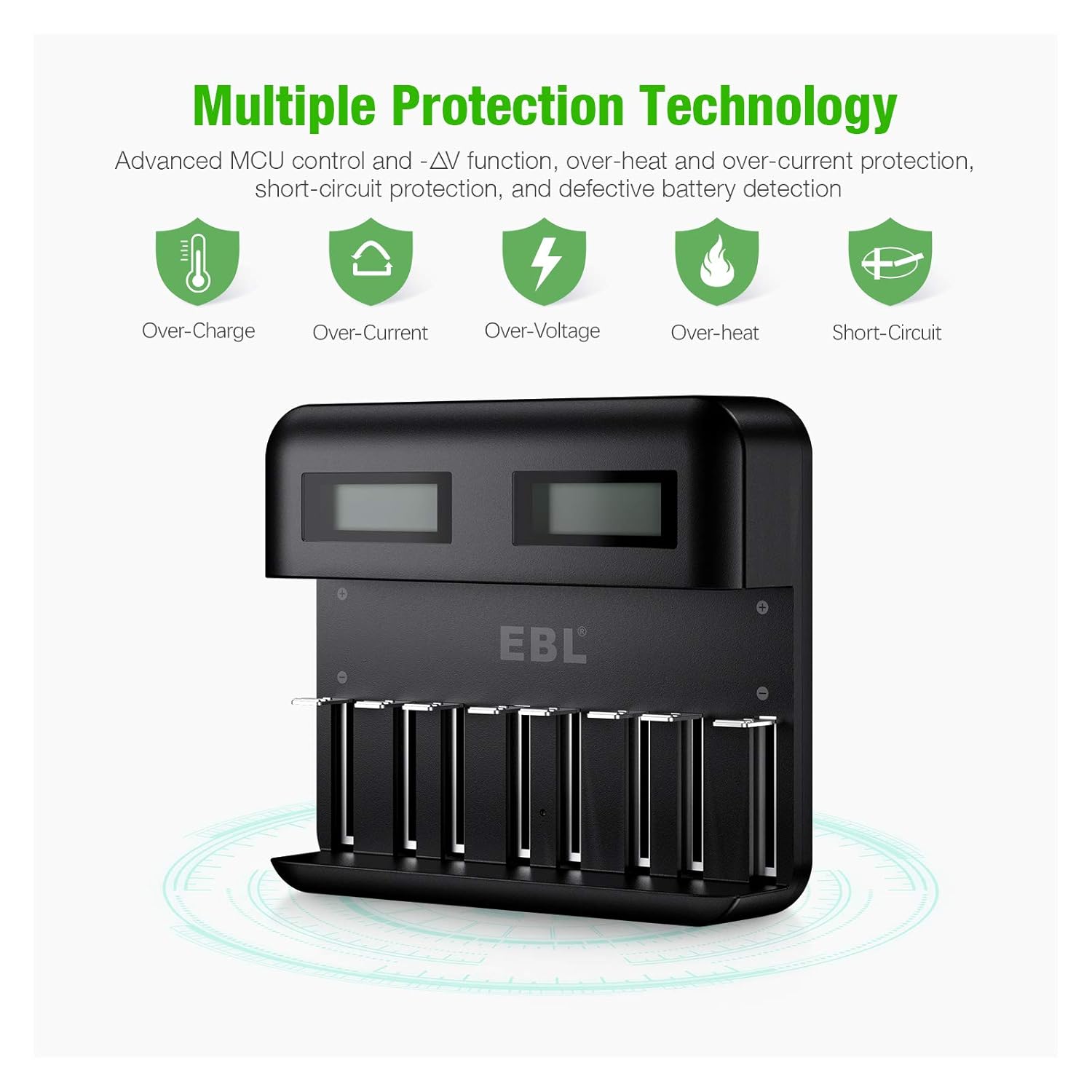 EBL LCD Universal Battery Charger - 8 Bay AA AAA C D Battery Charger for Rechargeable Batteries with 2A USB Port, Type C Input, Fast Battery Charger