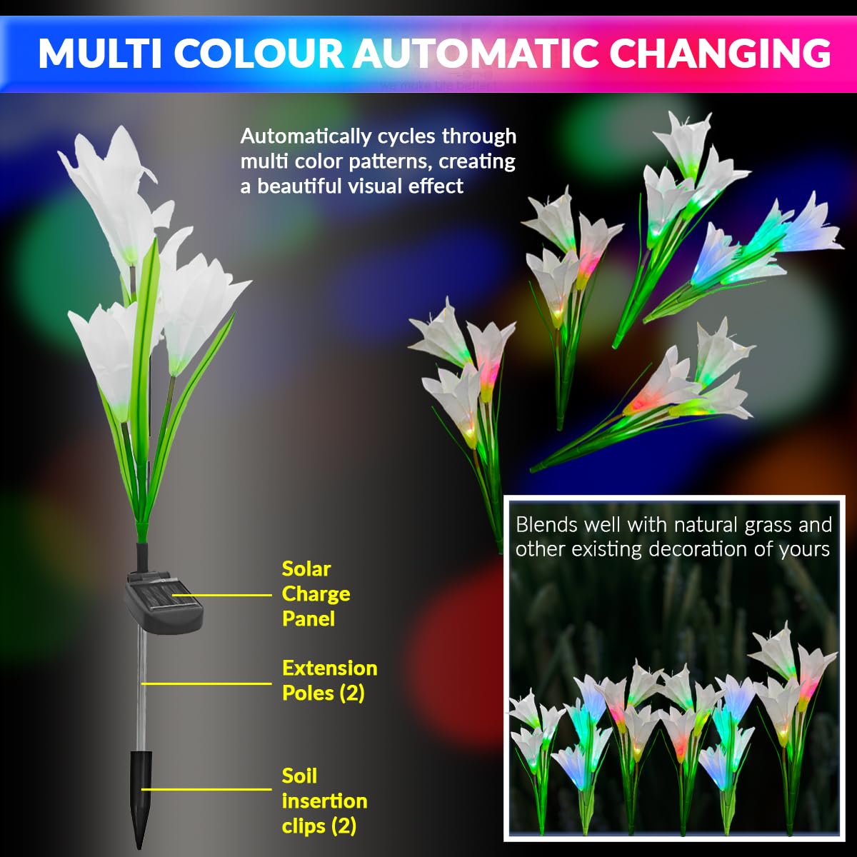 Solar-Powered Multi-Color Garden Light with 4 Lily Flowers | Auto On/Off | Waterproof (Pack of 2)