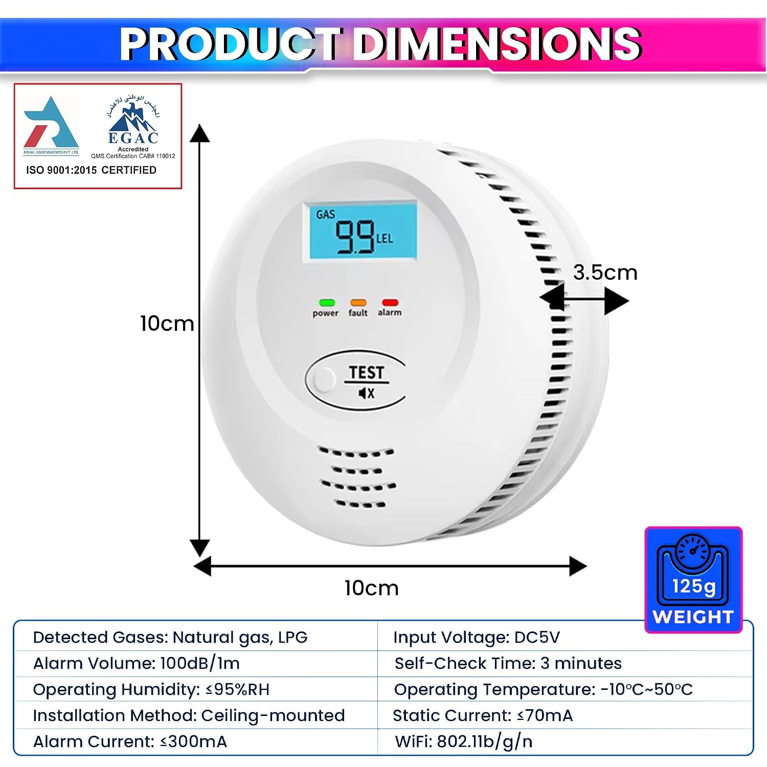 WiFi Smart Gas Leak Detector with App Alerts, 100dB Alarm & LCD Display