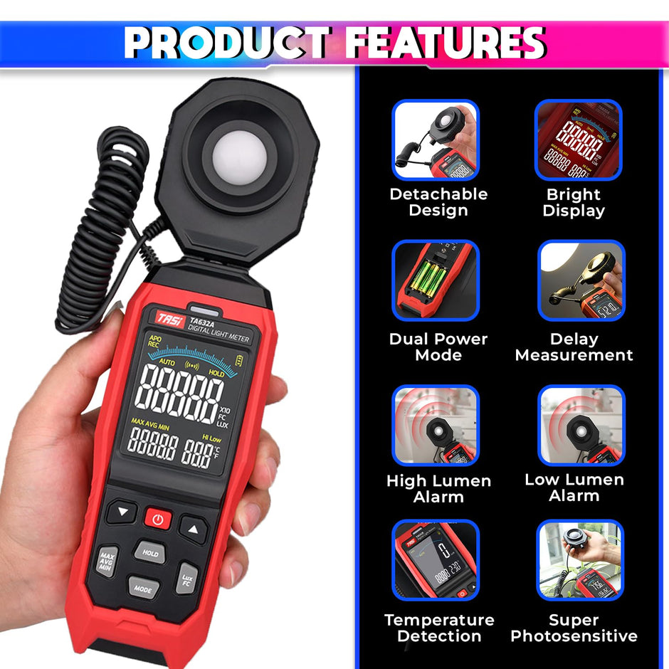 Dual-Power Luxmeter – 200K Lux Light Meter with 360° Rotating Sensor & Alarm