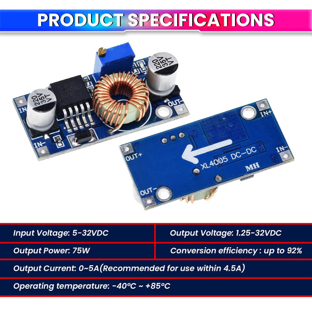 amiciSolar DC-DC Buck Convertor, XL4005 Adjustable Step-Down Power Supply Module ? Input 5V-32V, Output 1.25V-32V up to 5A