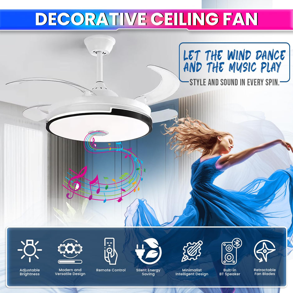 Ceiling Fan with Light & Bluetooth Speaker – Modern Invisible Chandelier, 6 Speeds & Remote