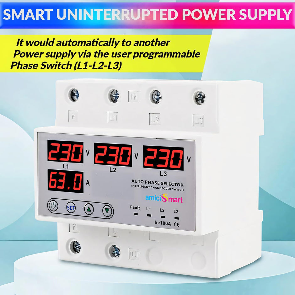 amiciSmart Intelligent 3 Phase to 1 Phase Selector/Changeover Switch with Over/Under Voltage Protection and Over Load Protection 230VAC