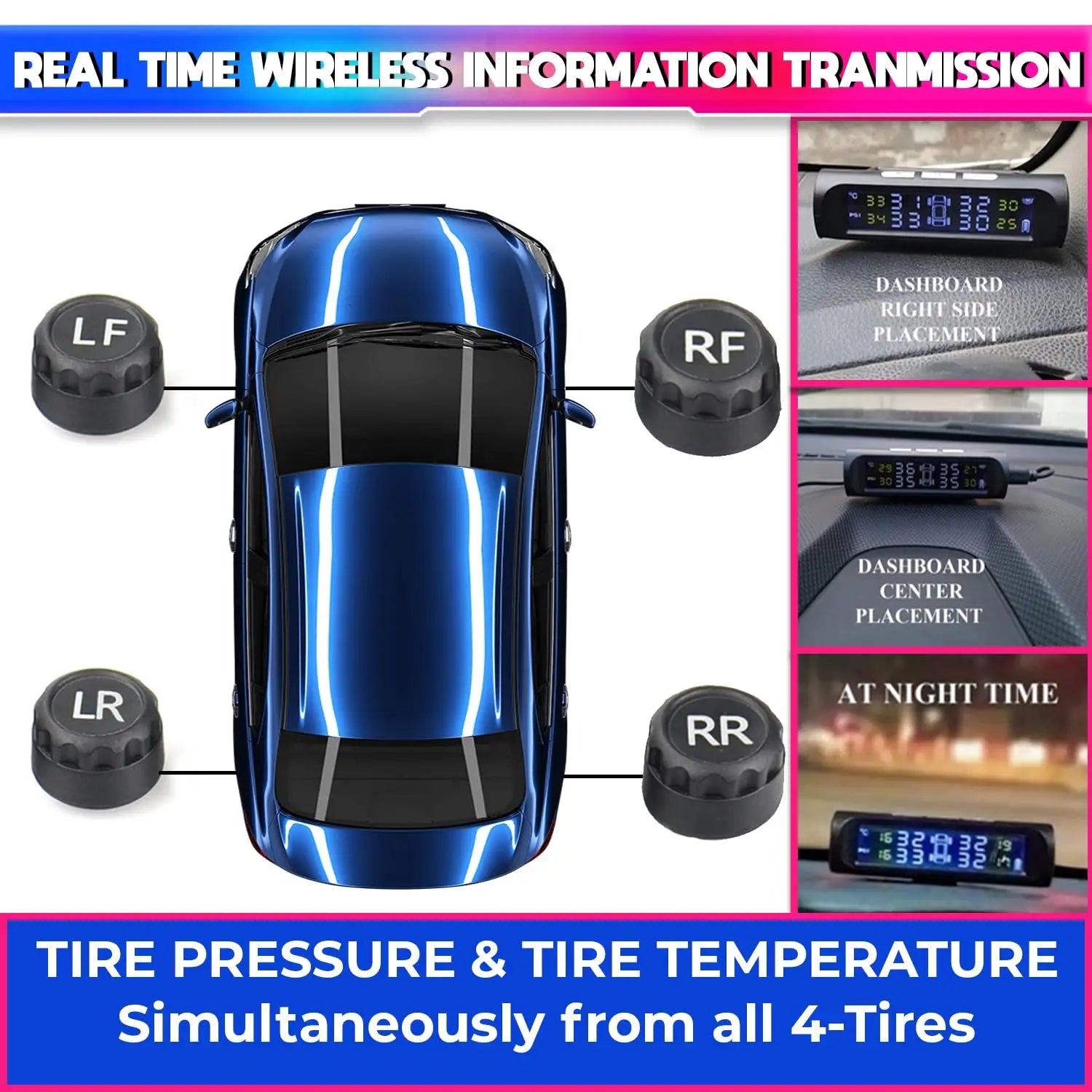 Solar Powered Car TPMS, Wireless Tyre Pressure Monitoring System with External Sensor
