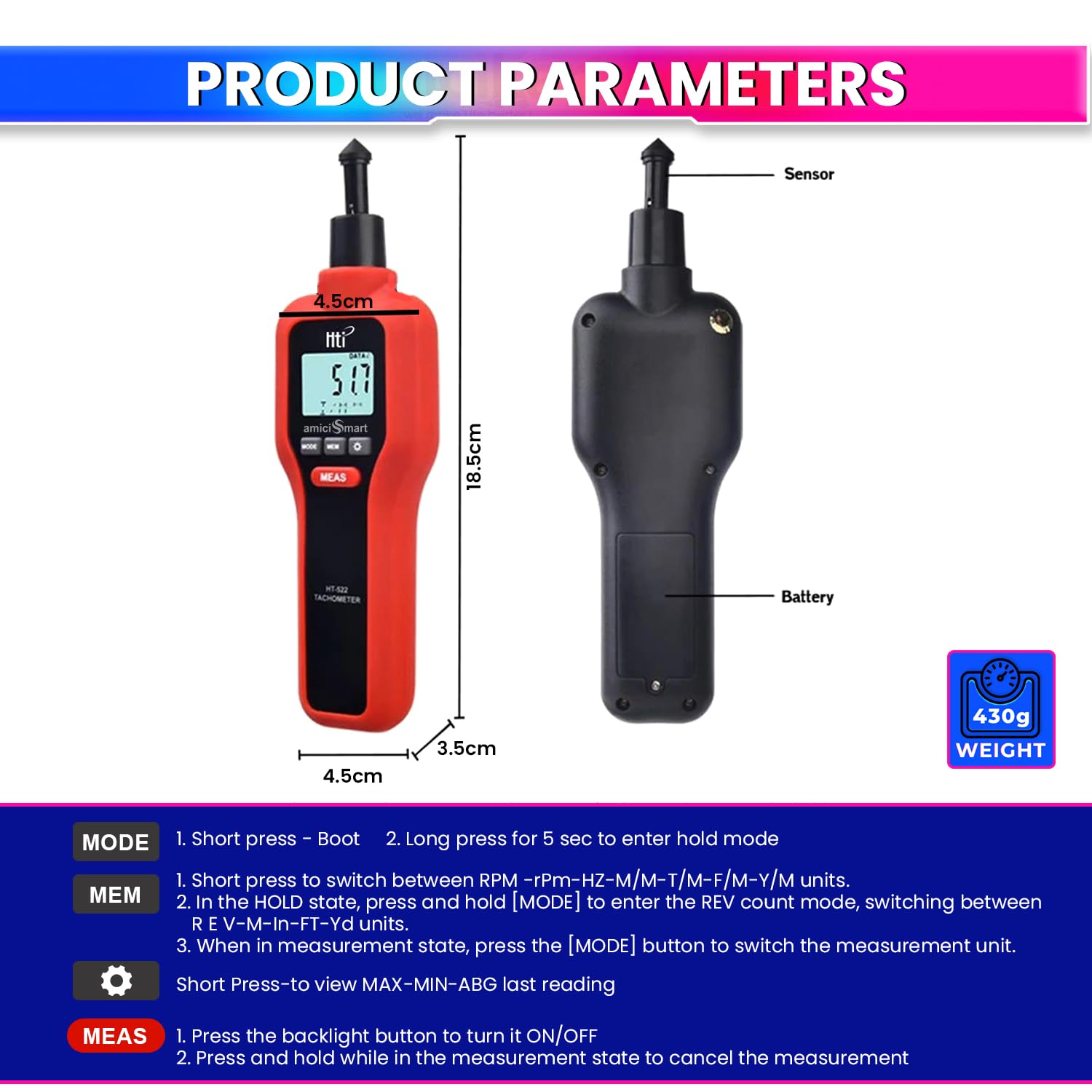 amiciSmart ABS Plastic 2 In 1 Digital Tachometer Laser Rpm Tester Handheld Rotation Speed Measuring Meter With 9V Battery And 99,999 Rpm Count, Red