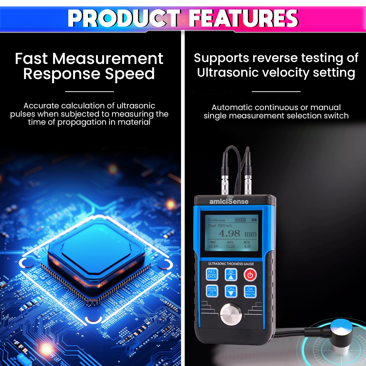 Professional Ultrasonic Thickness Gauge , Precision Measurement Range 0.8mm to 500mm,Microprocessor Controlled with Adjustable Velocity amiciKart