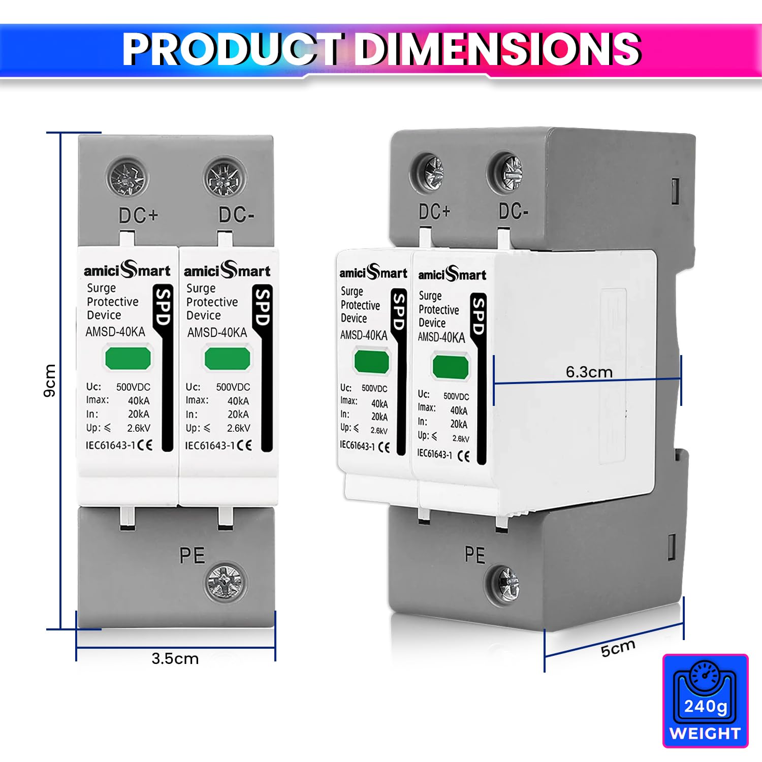 DC SPD Surge Protective Device 20KA 40KA Voltage Protector for Solar PV Systems