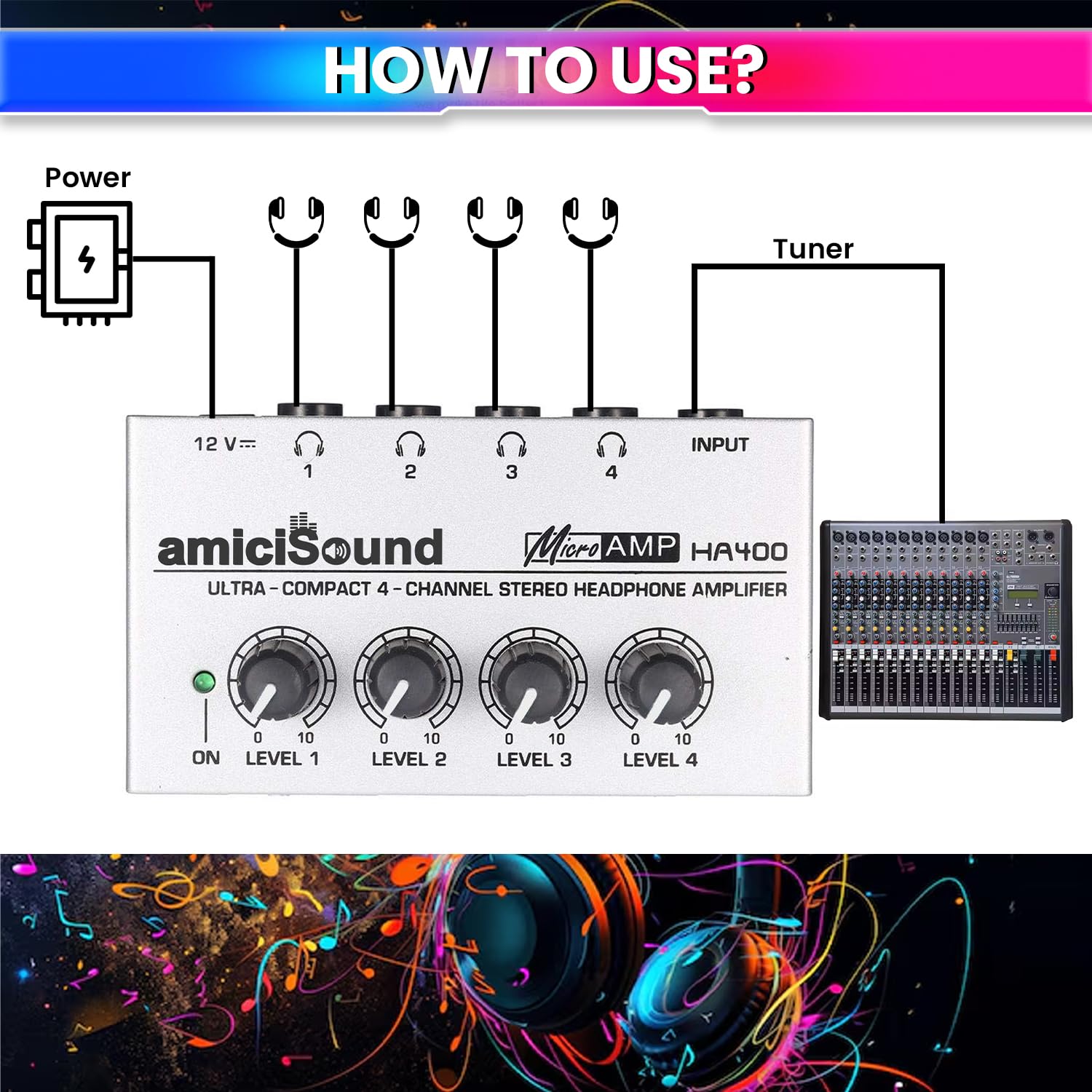 Mini Stereo Headphone Amplifier with Power Adapter