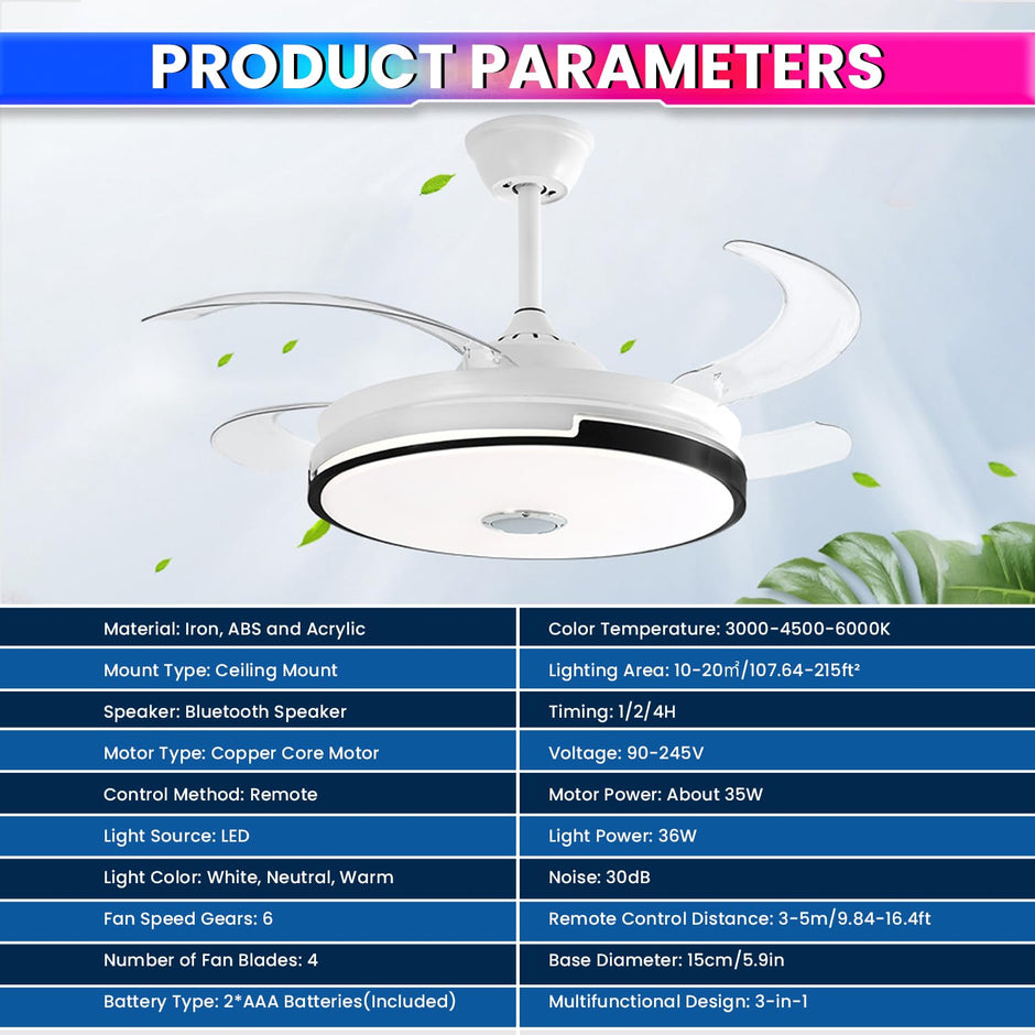 Ceiling Fan with Light & Bluetooth Speaker – Modern Invisible Chandelier, 6 Speeds & Remote