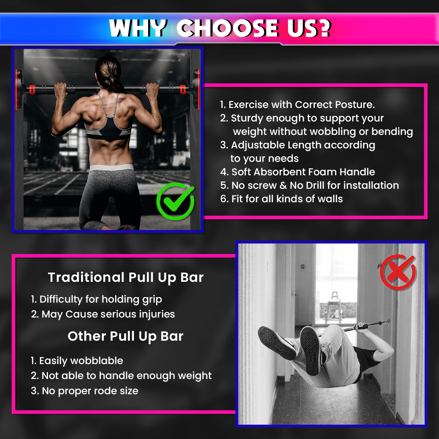 Pull-Up Bar, 65-90cm Adjustable Length with No-Screw Locking Mechanism amiciKart