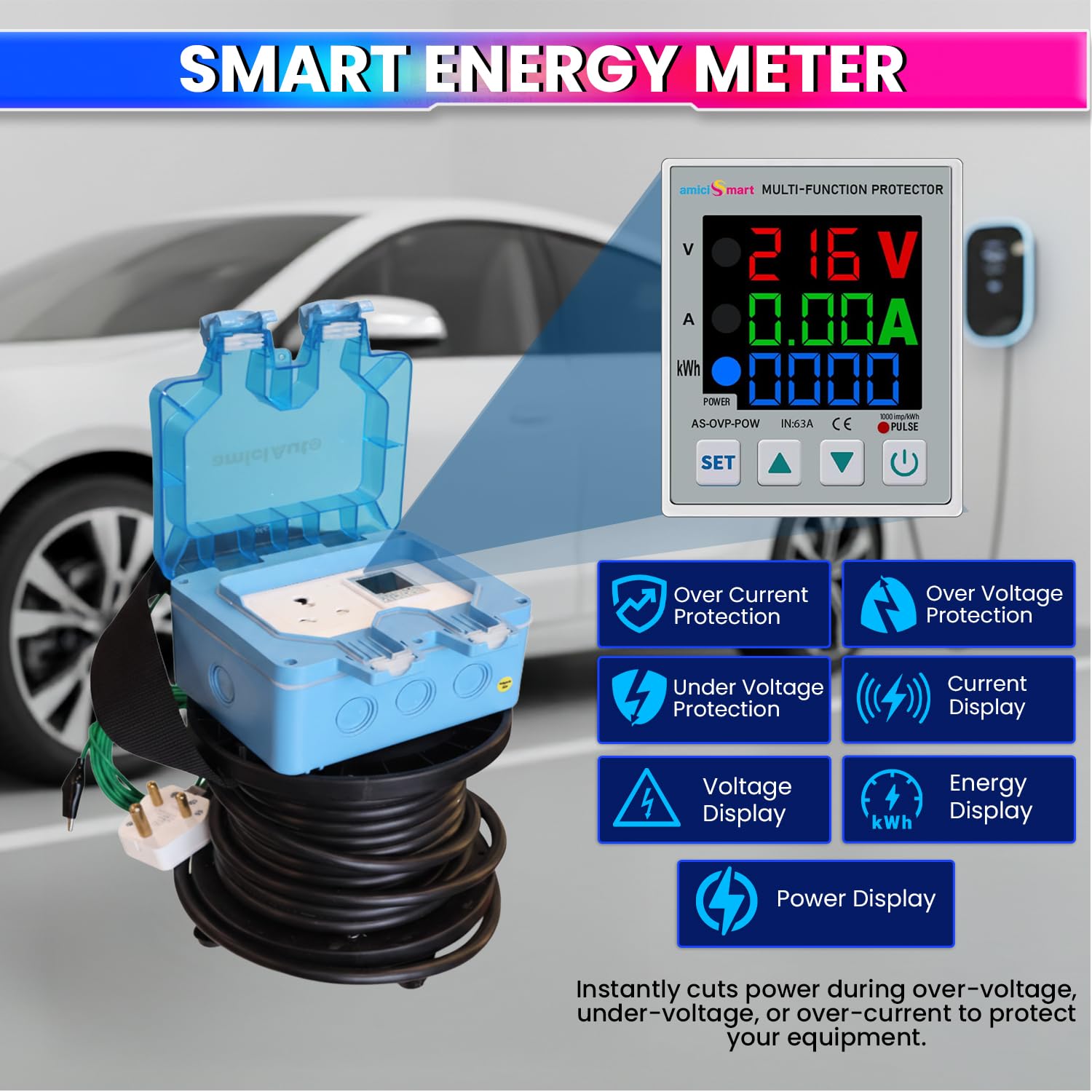 EV Charging Extension with Digital Meter & Voltage Protector, 10M Cable, IP66, 16A Pl