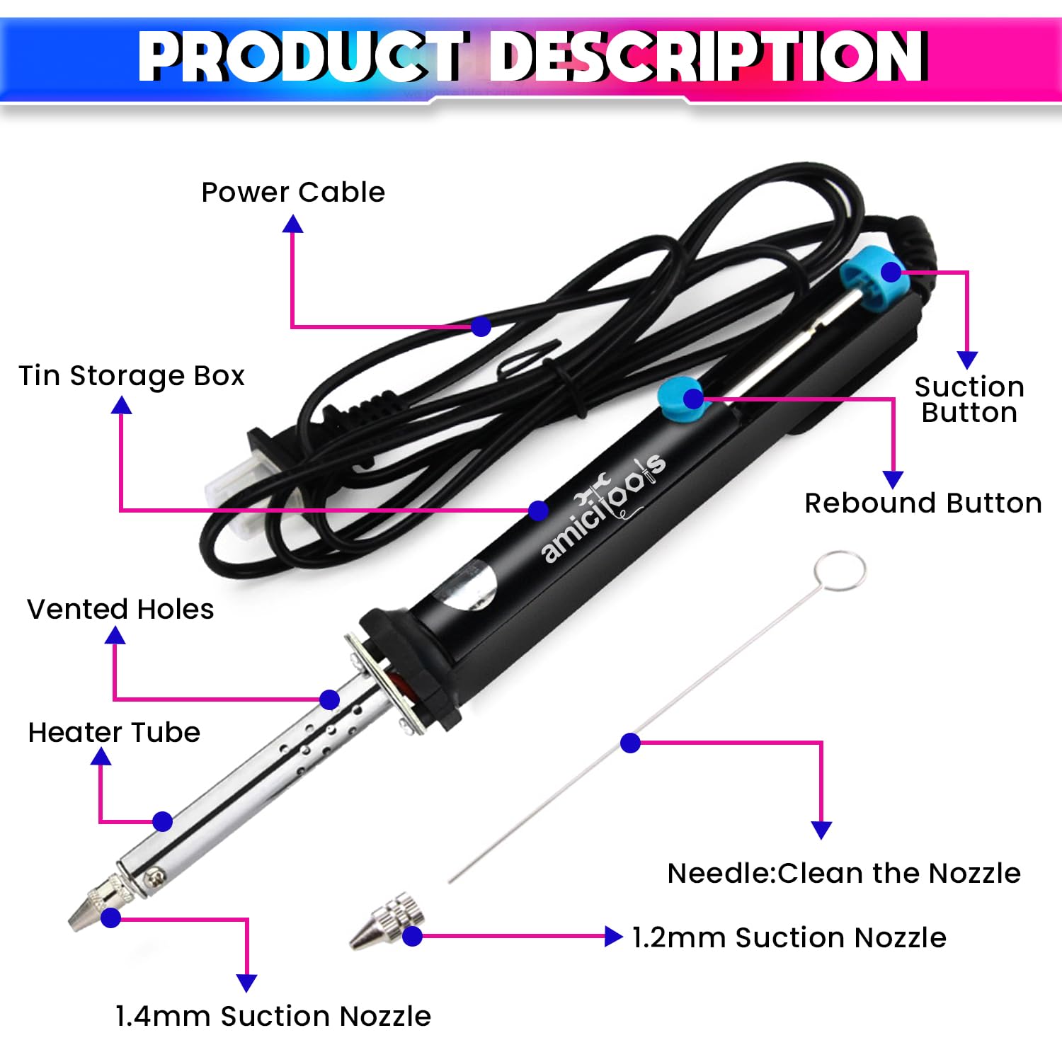 2-in-1 Electric Desoldering Pen Built-in Heating & Suction, One-Hand Operation for Circuit Board Repair