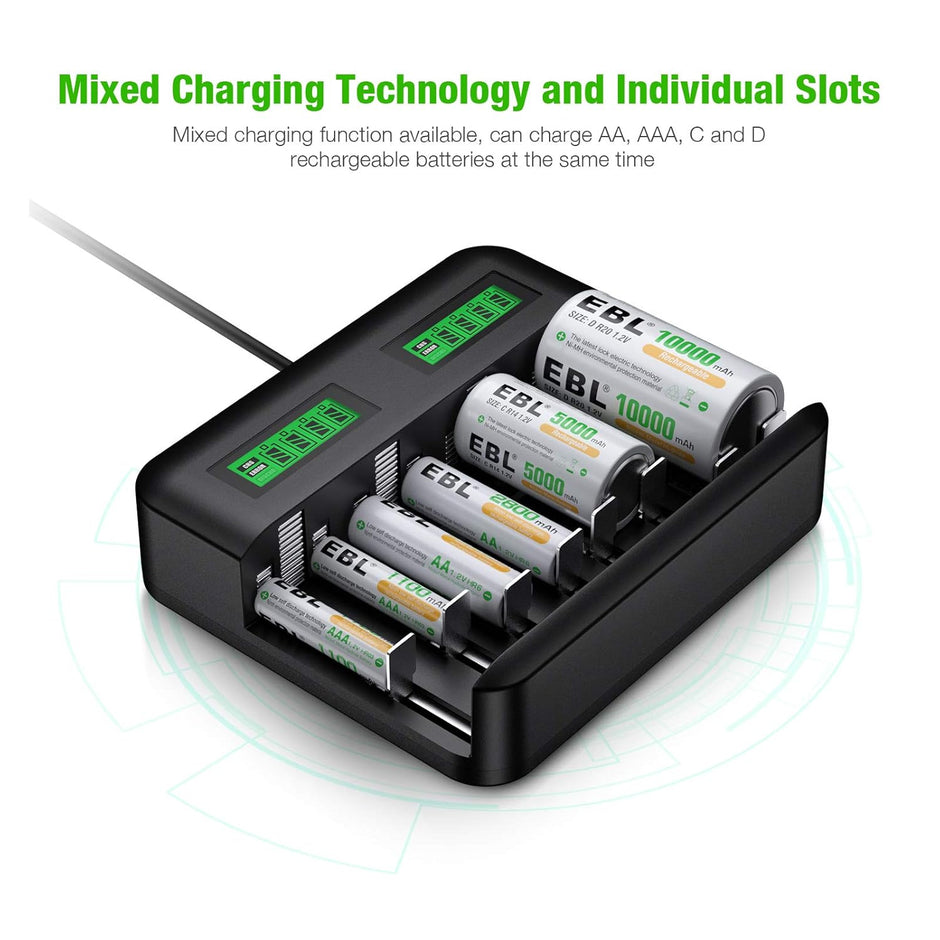 EBL LCD Universal Battery Charger - 8 Bay AA AAA C D Battery Charger for Rechargeable Batteries with 2A USB Port, Type C Input, Fast Battery Charger
