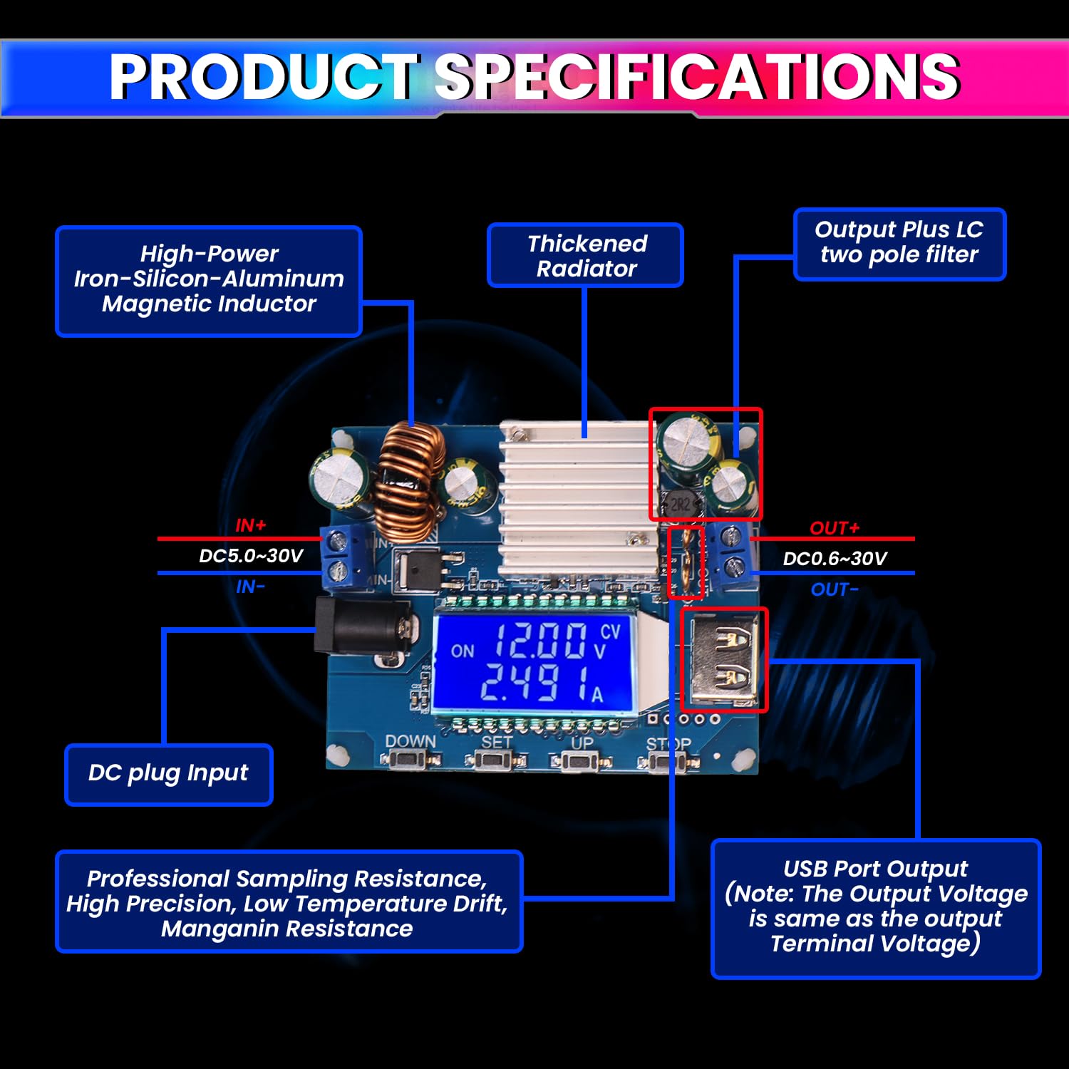 Buck-Boost Converter Module | DC 5-30V to 0.6-30V Adjustable Voltage Regulator | 4A 35W with Display