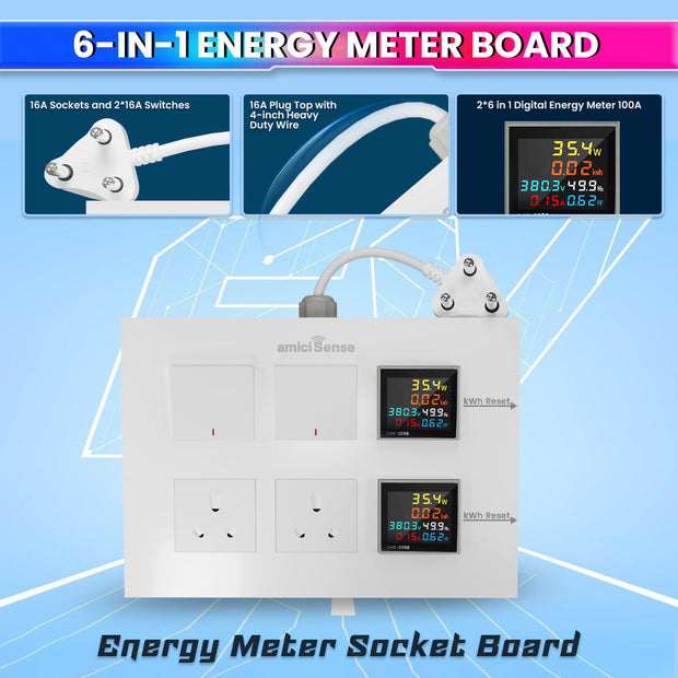 Energy Meter Socket Board Heavy-Duty 6-in-1 Power Meter 16A Sockets & Switches Real-Time Voltage Monitoring With Durable 4-Inch Wire