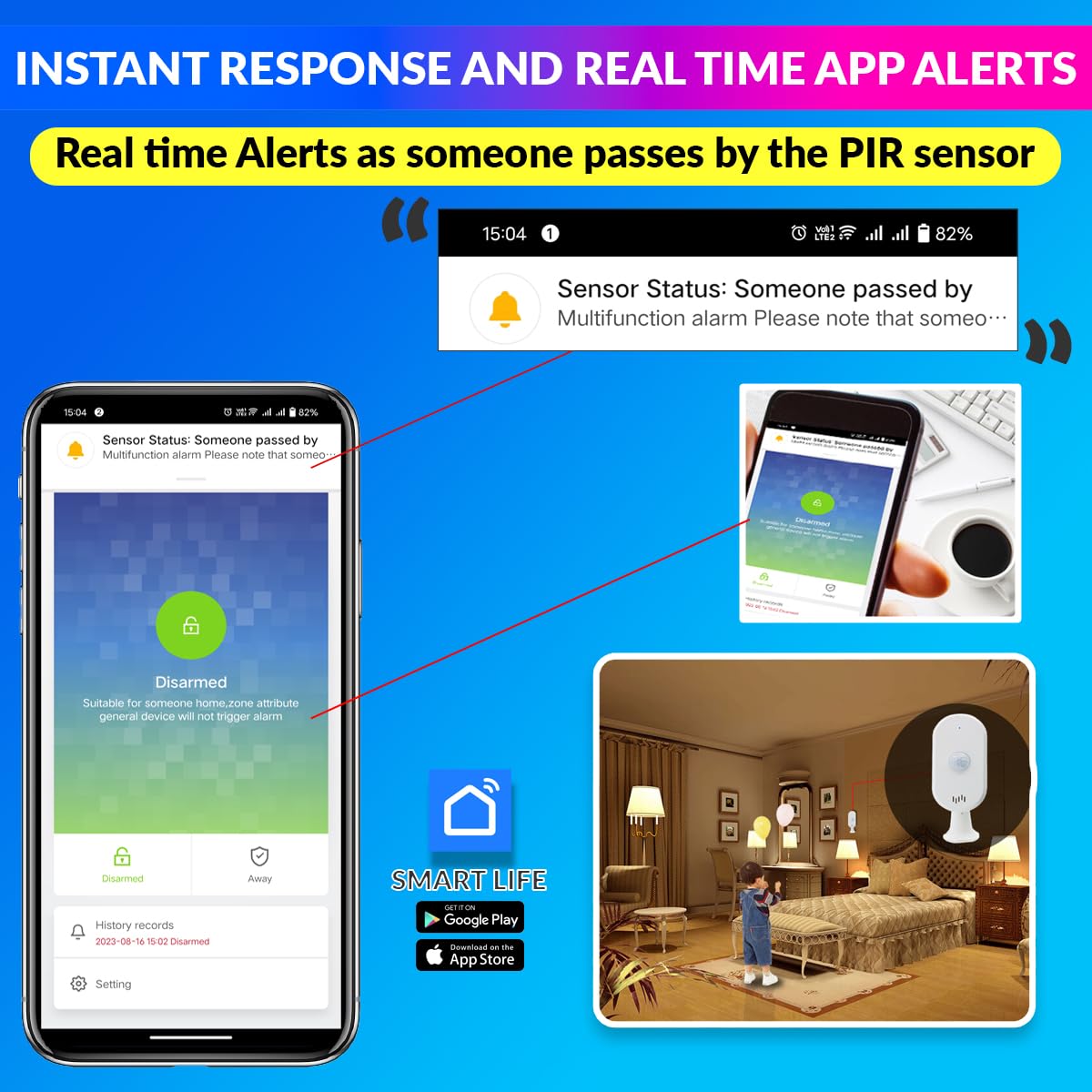 WiFi PIR Motion Sensor Alarm with SmartLife App Connectivity 75dB Siren & USB Powered Home Security Detector