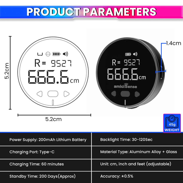 amiciSense Digital Distance Meter with Easy-Glide Wheel | One-Handed, Type-C Rechargeable, 0-999.9 cm/ft/inch Range | Slide-to-Measure