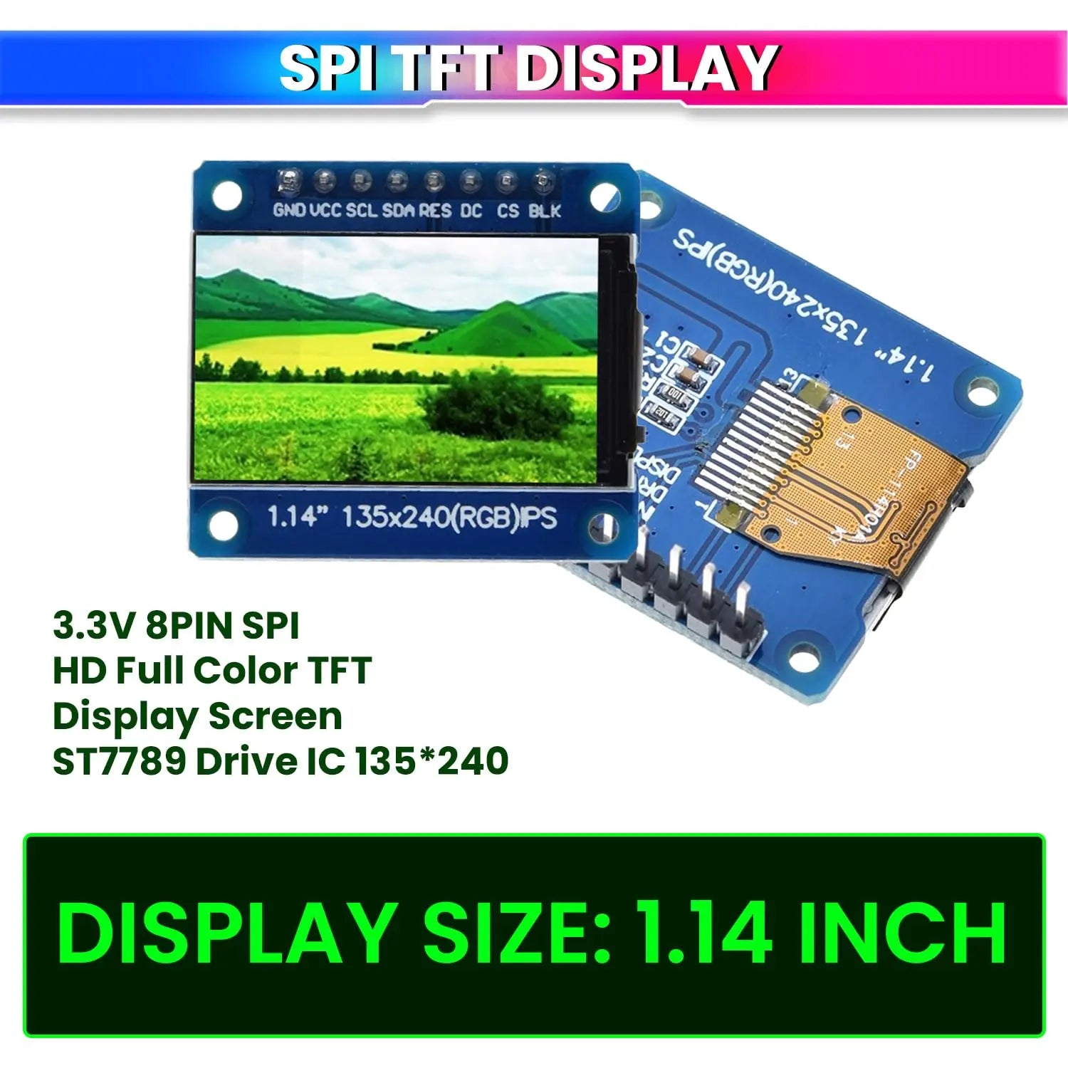1.14 Inch IPS Full-Color TFT Display Module ST7789 Driver IC, 3.3V 8-Pin 4-Wire SPI Interface LCD Screen for Ardiuino, ESP32