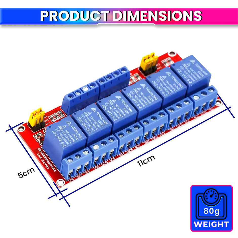 6 Channel Relay Module with Optocoupler – 5V High/Low Trigger