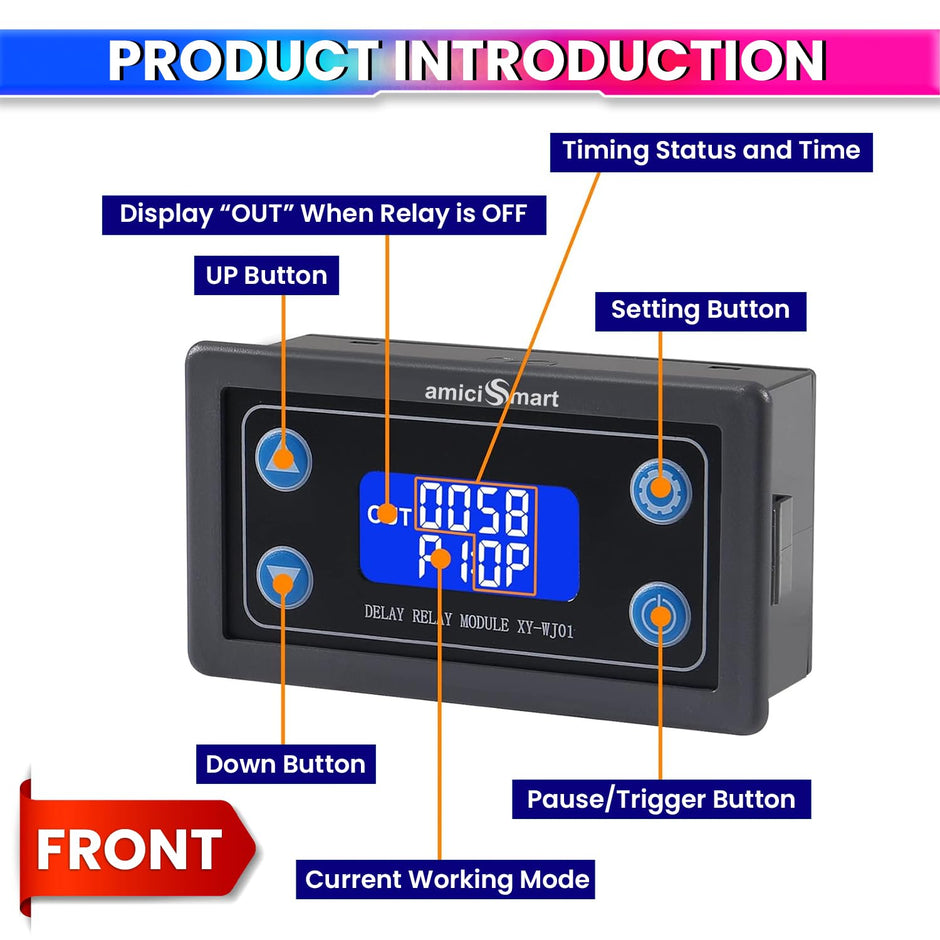 amiciSmart Programmable Timer Delay Relay Module with LCD Display, Adjustable 0.01s~9999 Timing, Trigger Delay Control with UART Data Upload (6-30VDC)