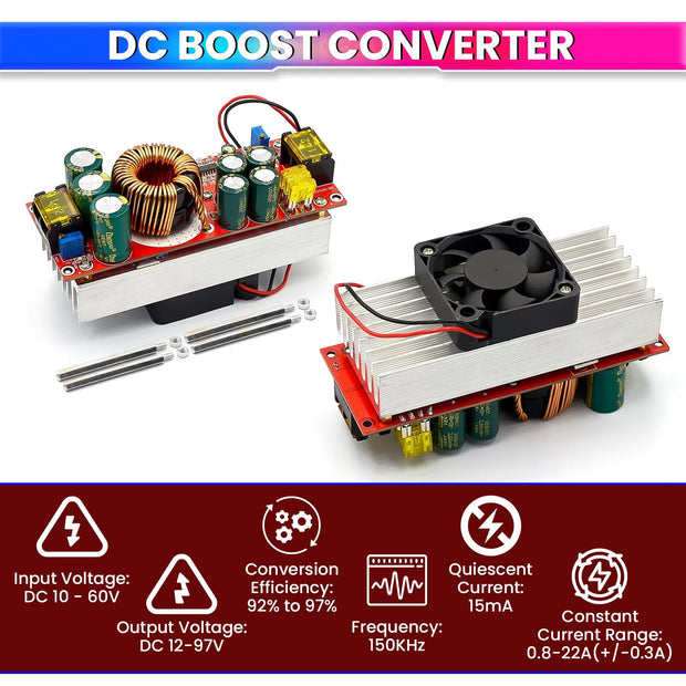amiciSolar 1500W 30A Boost Converter, High-Efficiency Step-Up Power Supply, Adjustable Voltage and Current Regulator with Advanced Protection