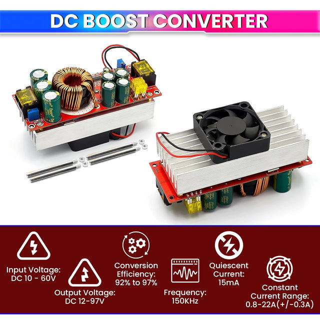 amiciSolar 1500W 30A Boost Converter, High-Efficiency Step-Up Power Supply, Adjustable Voltage and Current Regulator with Advanced Protection