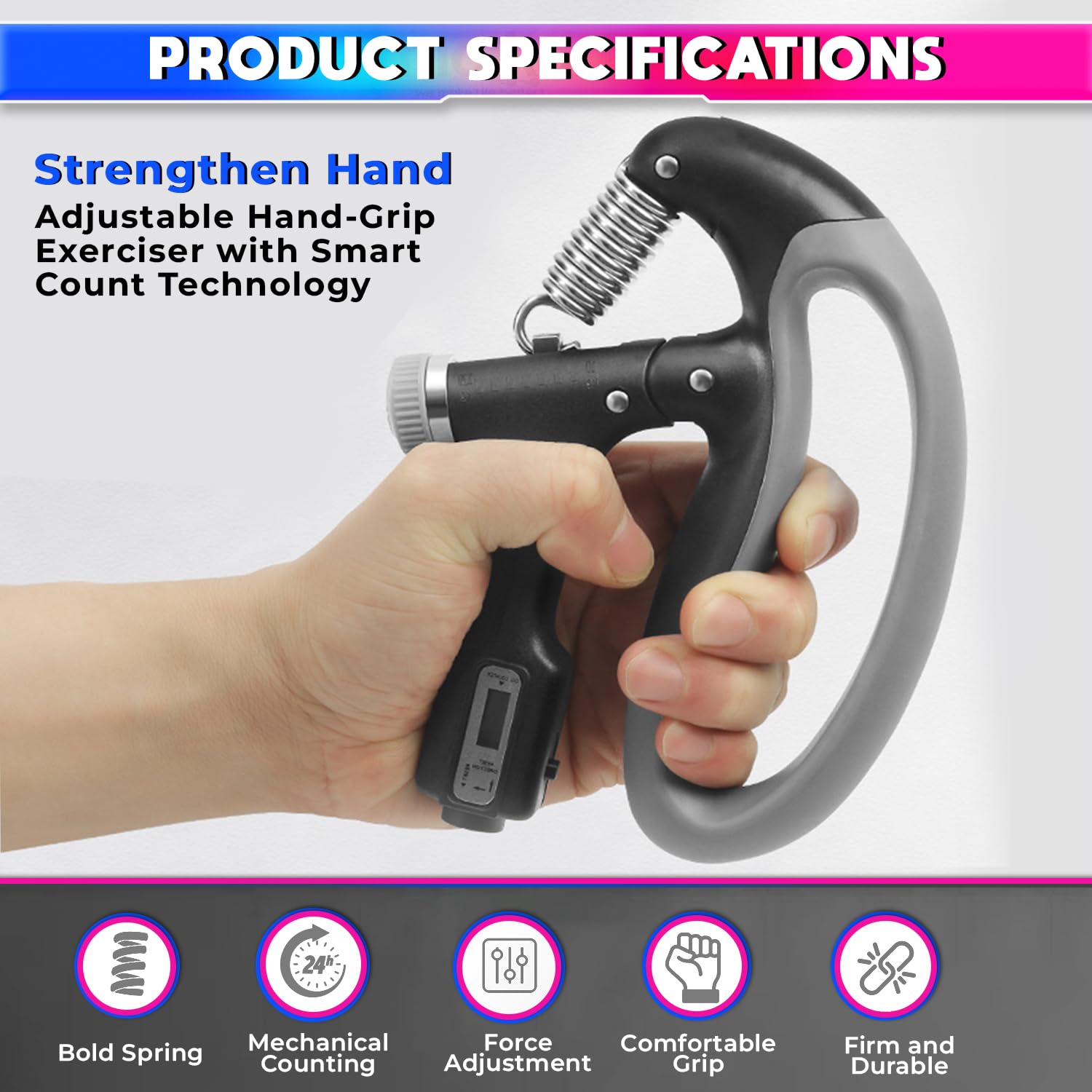 Adjustable Hand-Grip Exerciser with Digital LCD Counter, 4mm Carbon Steel Spring