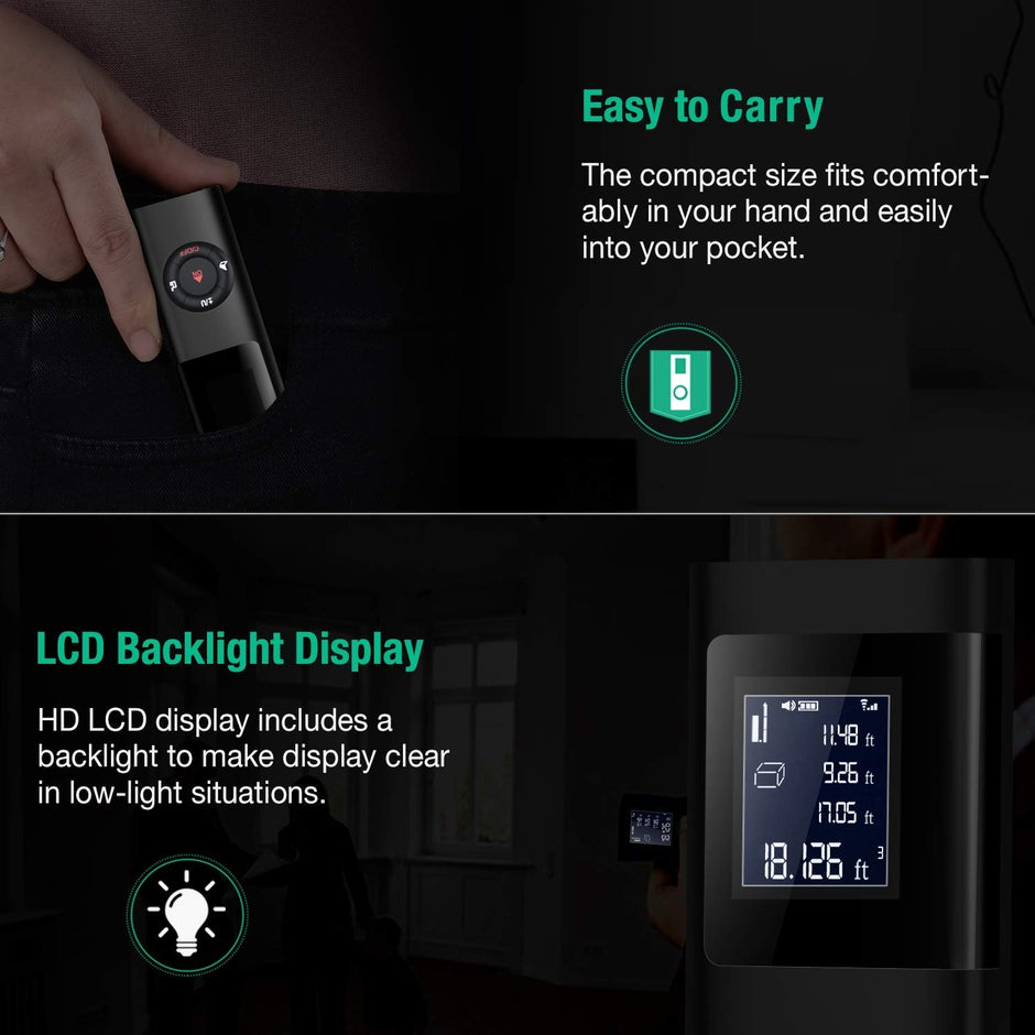 Laser Distance Meter, 40M Multi-Functional Laser Sensor for Area/Volume/Pythagorean Measuring Tool with Back-Lit, Auto Power Off and USB Rechargeable