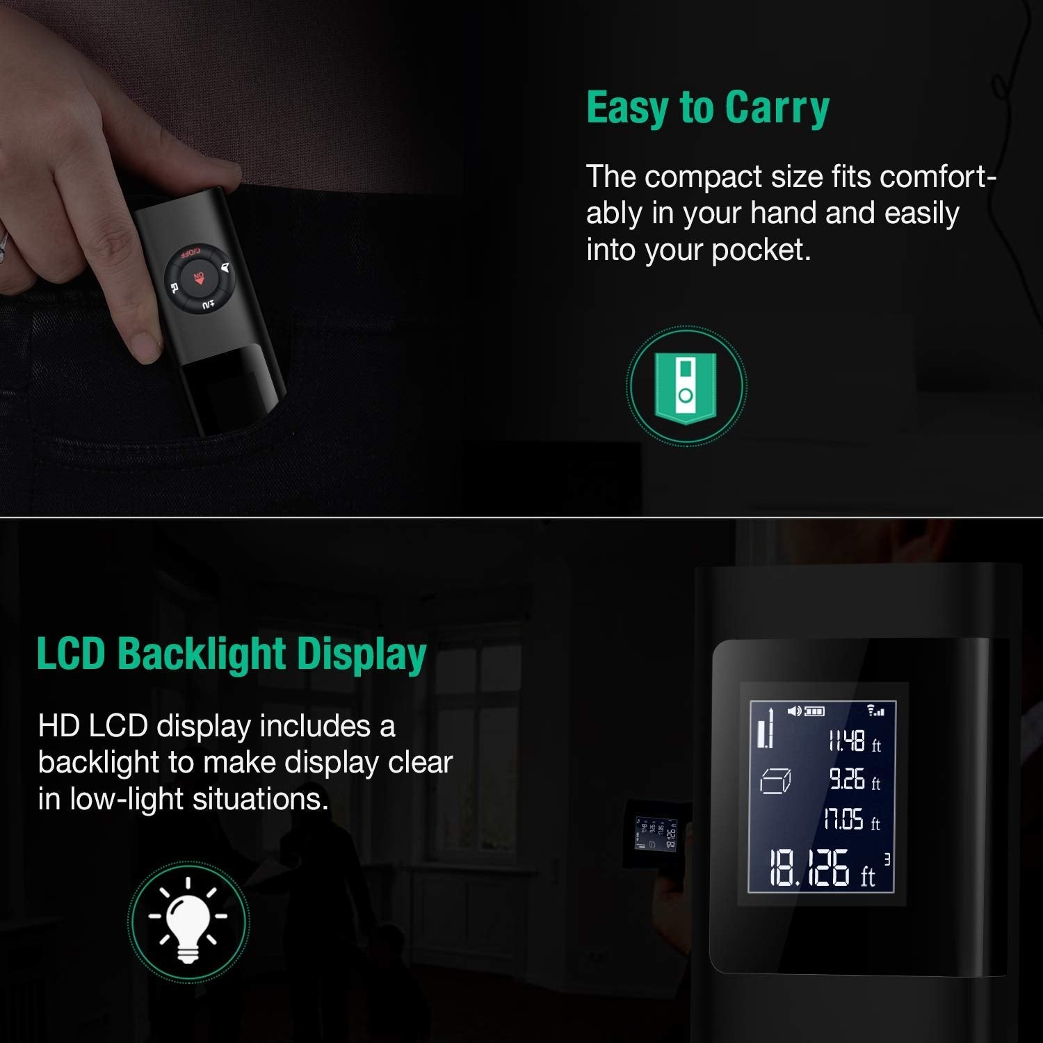 Laser Distance Meter, 40M Multi-Functional Laser Sensor for Area/Volume/Pythagorean Measuring Tool with Back-Lit, Auto Power Off and USB Rechargeable