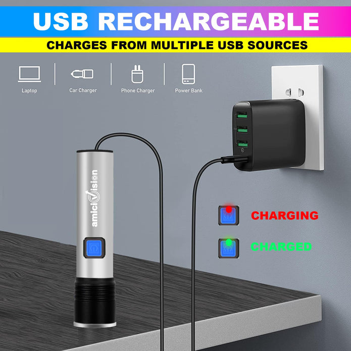 USB-Rechargeable LED Flashlight T6 LED with 4 Modes Zoomable Powerful Torch Ultra-Bright & Water-Resistant