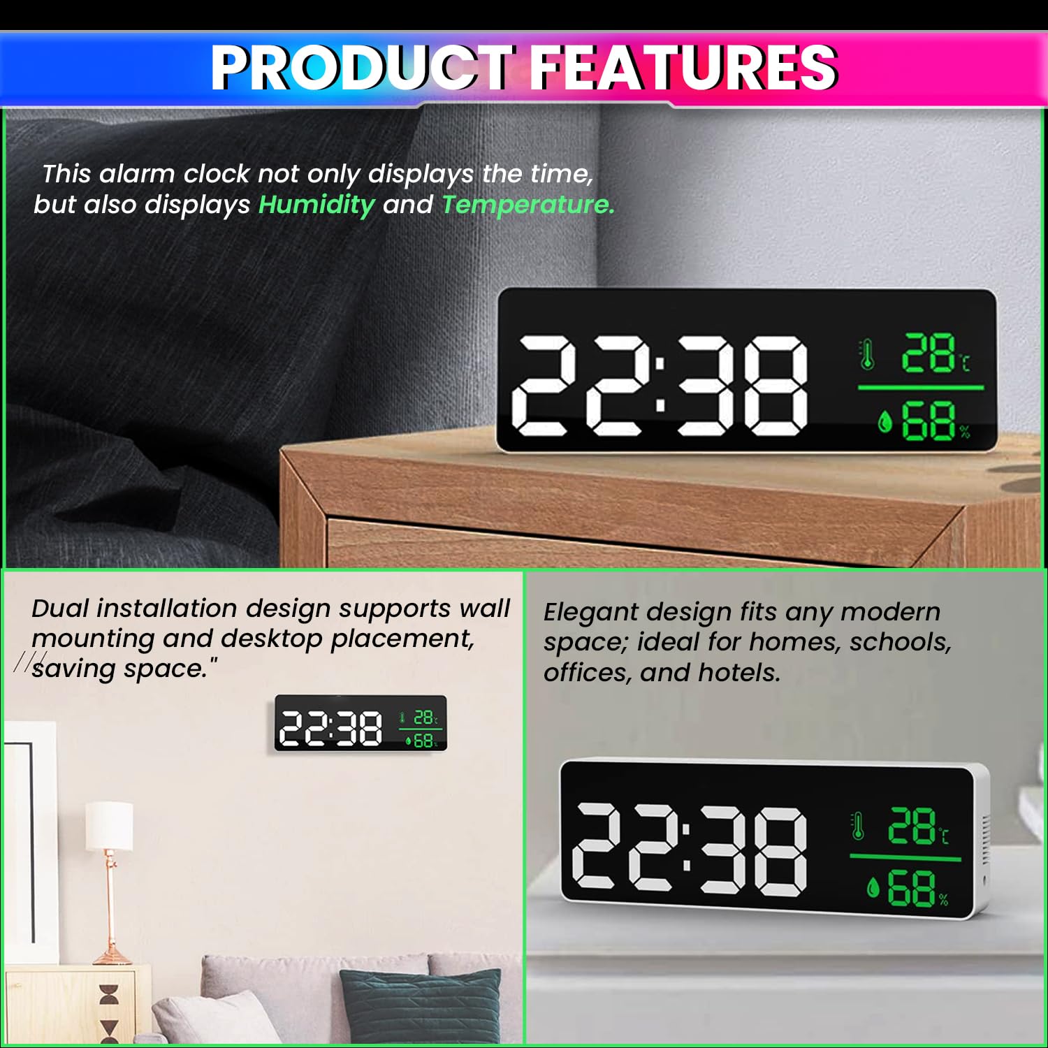 Digital LED Alarm Clock – Temperature & Humidity Display, Triple Alarm, Large LED Screen amiciKart c0tmiz-hs.myshopify.com