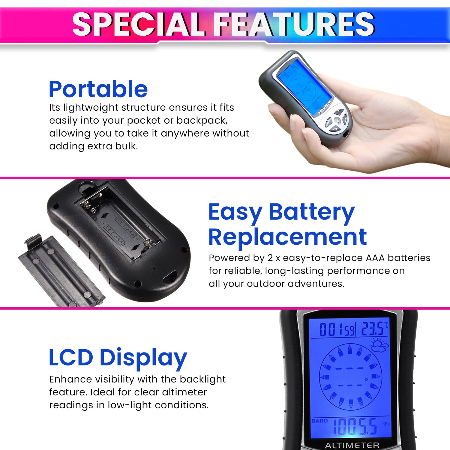 amiciSense Ultra Practical 8 in 1 Digital Compass Altimeter Barometer Thermometer Weather Forecast Time Height Gauge LCD Backlight with 2xAAA Battery