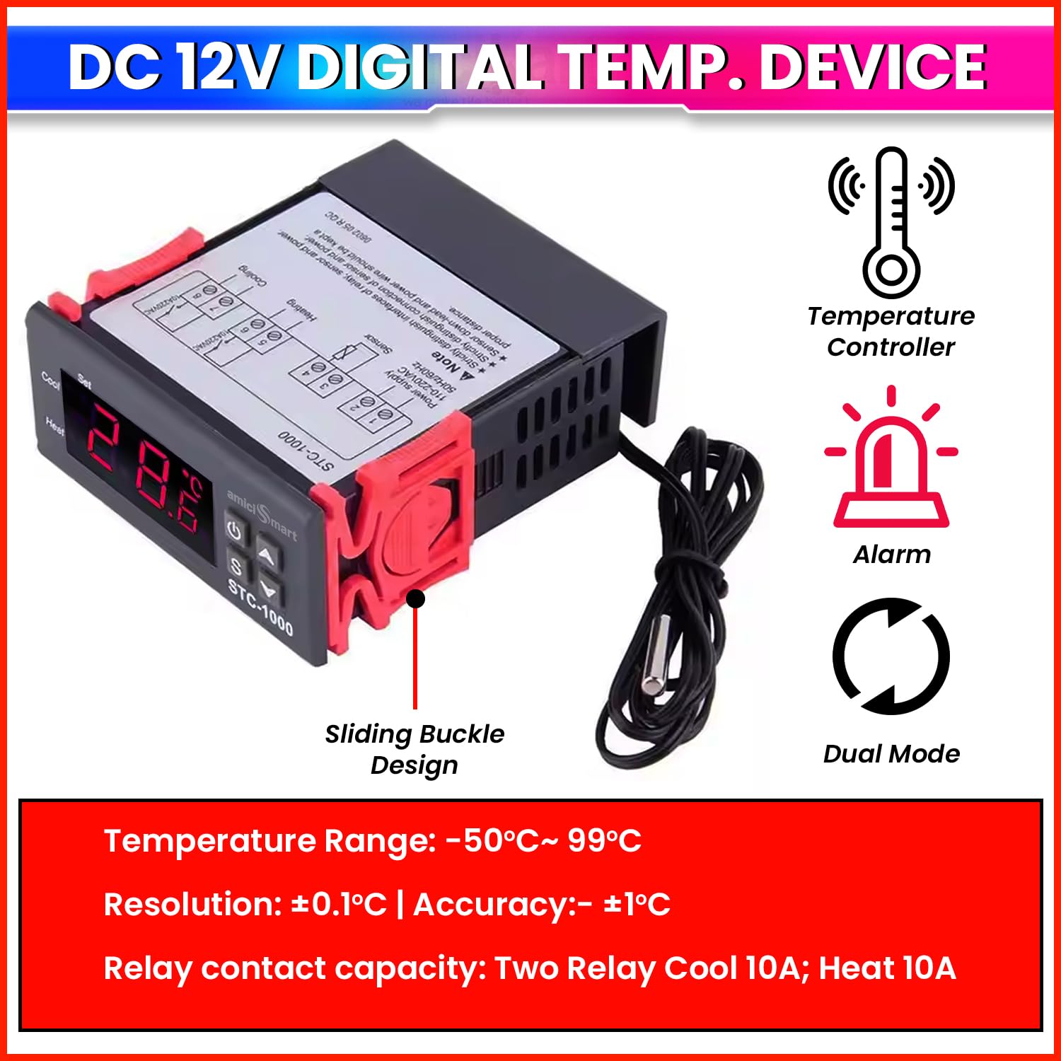 Digital Thermostat STC-1000 Incubators, Dual Mode Heating & Cooling Temperature Controller Alarm & Delay Function(10A)