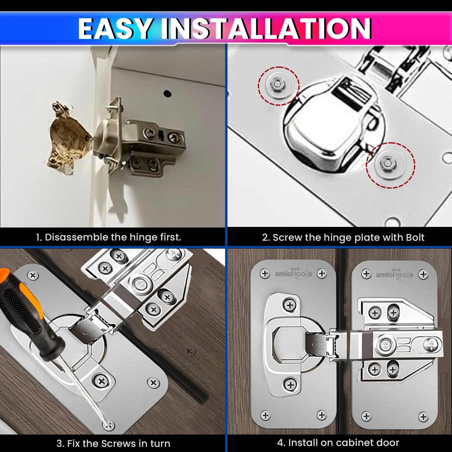 amiciTools Hinge Repair Plate Kit | Stainless Steel (SS202) Door Hinge Reinforcement | Fix Loose Cabinet Hinges Quickly