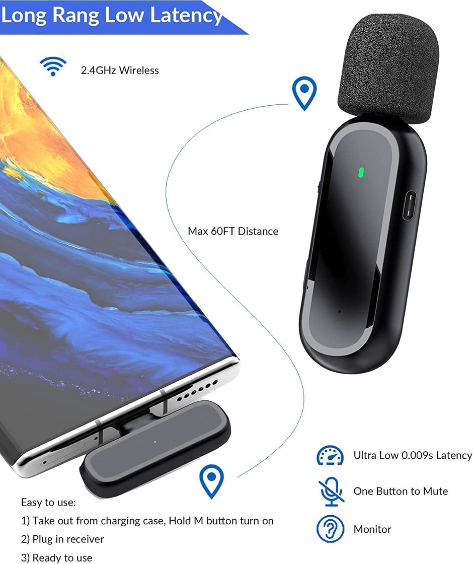 amiciSound Wireless Mini Microphone,Dual Input Mini Mics with Type C Receiver,Charging Case & Noise Cancellation,For Vlogging, Video Recording, etc.