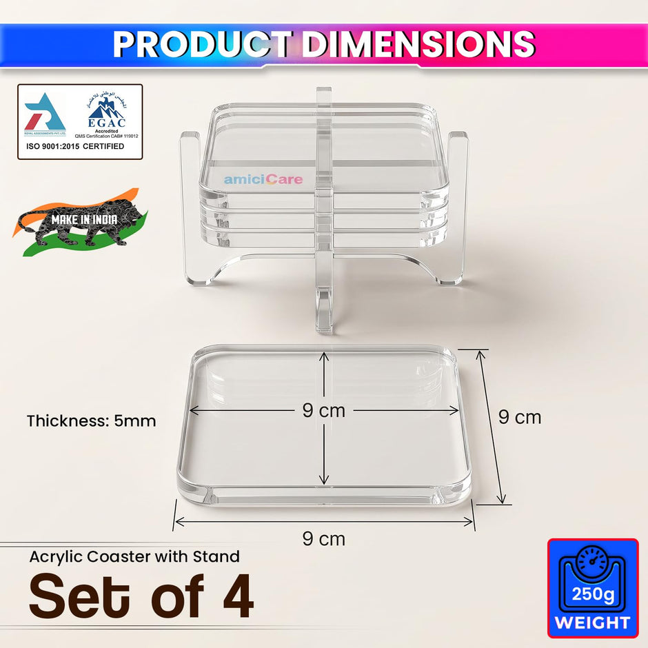 Acrylic Coasters with Holder, Set of 4, Clear Transparent Drink Coasters