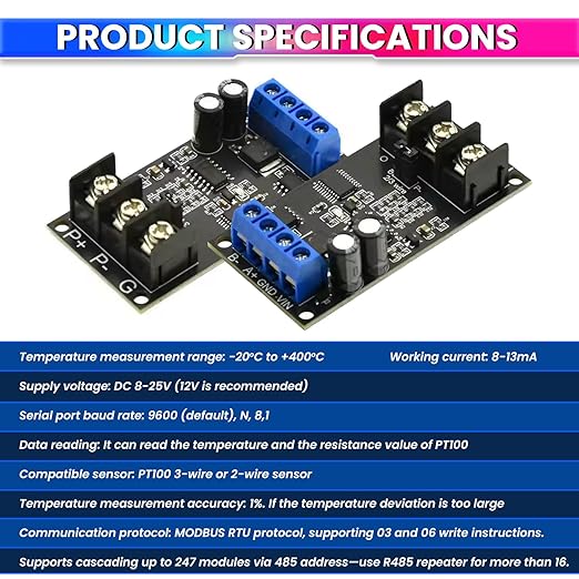PT100 RTD Temperature Sensor Module with RS485 MODBUS RTU -20°C to 400°C Industrial Temperature Transmitter
