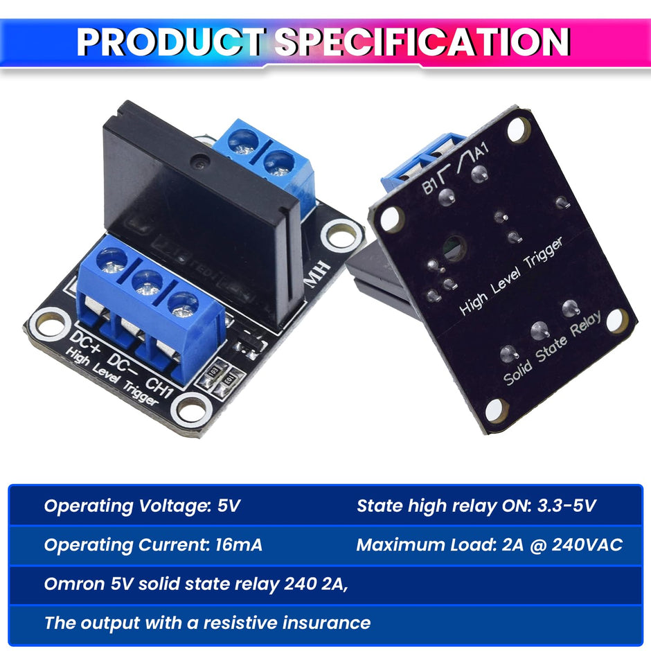 5V Relay 1-Channel Module Solid State Relay Board 240V 2A AC Load Control Compatible with Arduino, Raspberry Pi & ESP32