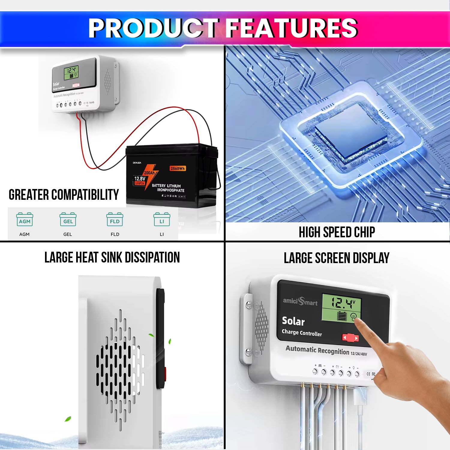 Solar Charge Controller 50A, Intelligent Battery Regulator for Solar Panel LCD Display with USB Port (50A)