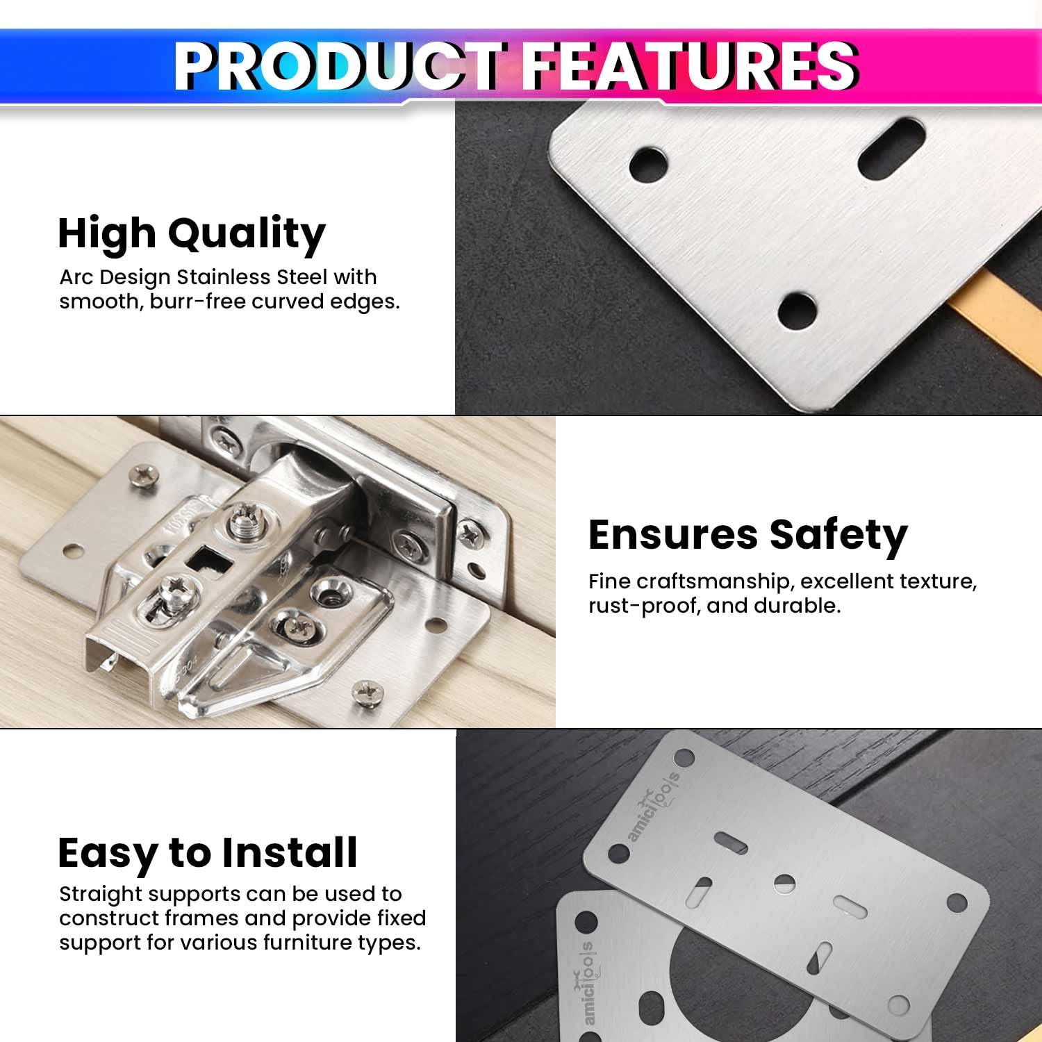 amiciTools Hinge Repair Plate Kit | Stainless Steel (SS202) Door Hinge Reinforcement | Fix Loose Cabinet Hinges Quickly